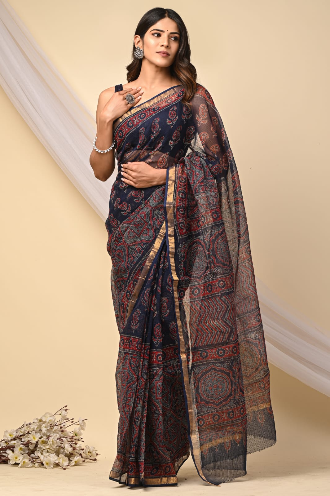 Buy MySilkLove Charade Grey Handblock Kota Doriya Saree Online