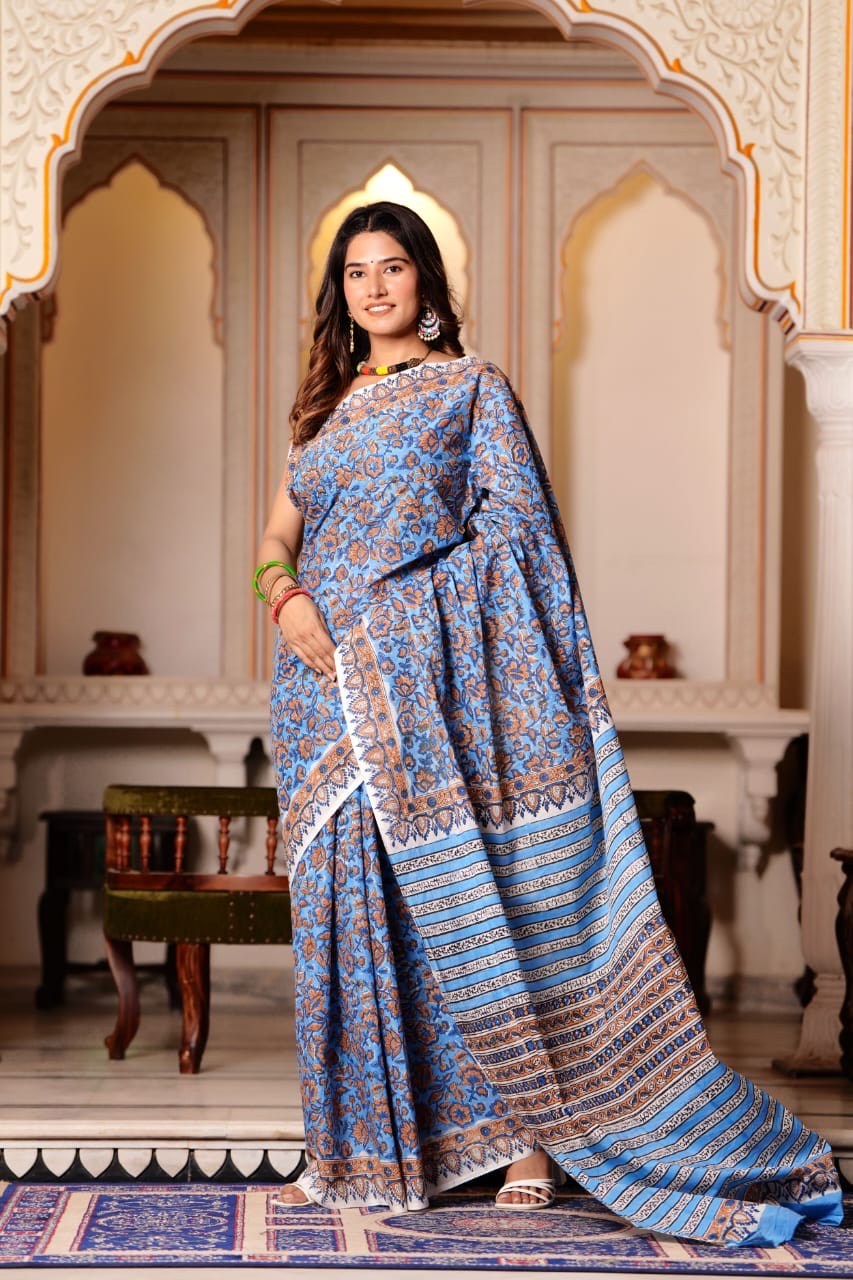 Buy MySilkLove Hoki Blue Pure Cotton Handblock Printed Saree Online