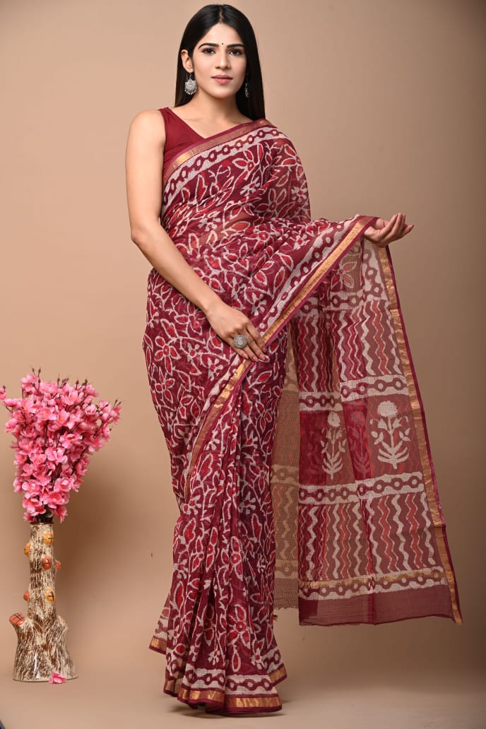 Buy MySilkLove Stiletto Red Handblock Kota Doriya Saree Online