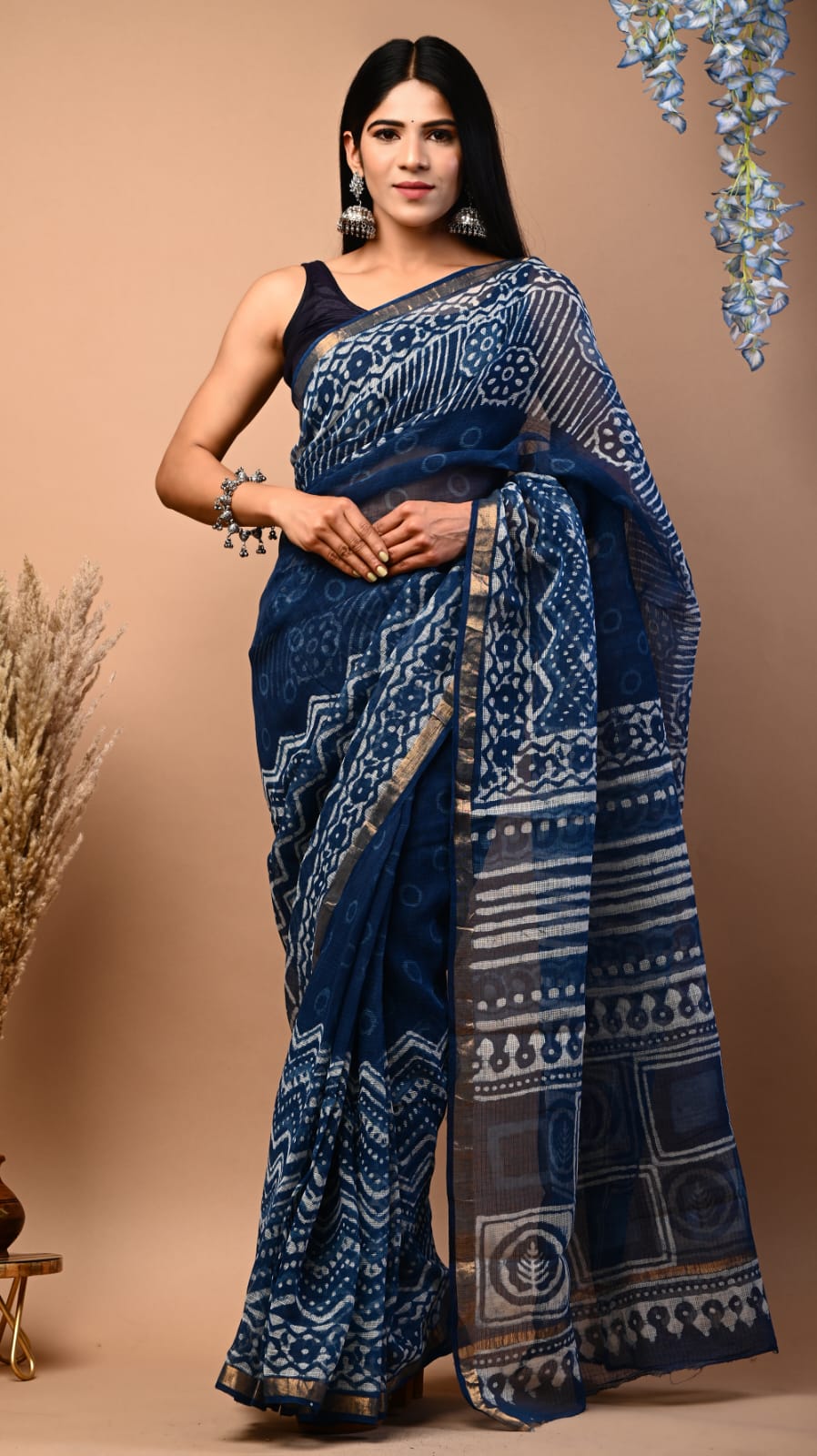 Buy MySilkLove Nile Blue Handblock Kota Doriya Saree Online