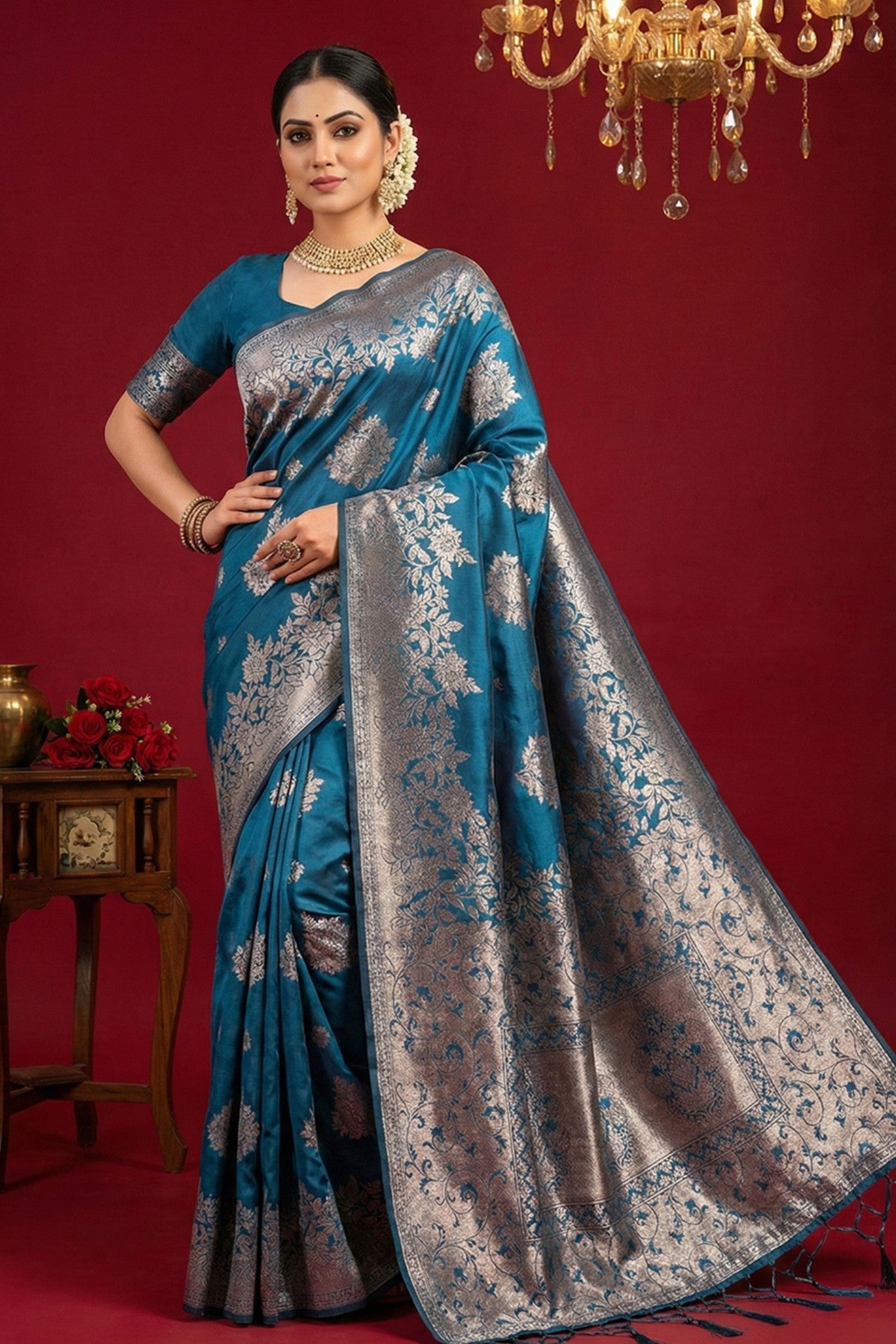 Buy MySilkLove Steel Blue Woven Banarasi Silk Saree Online
