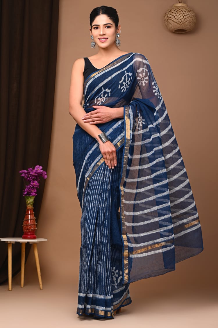 Buy MySilkLove Fiord Blue Handblock Kota Doriya Saree Online