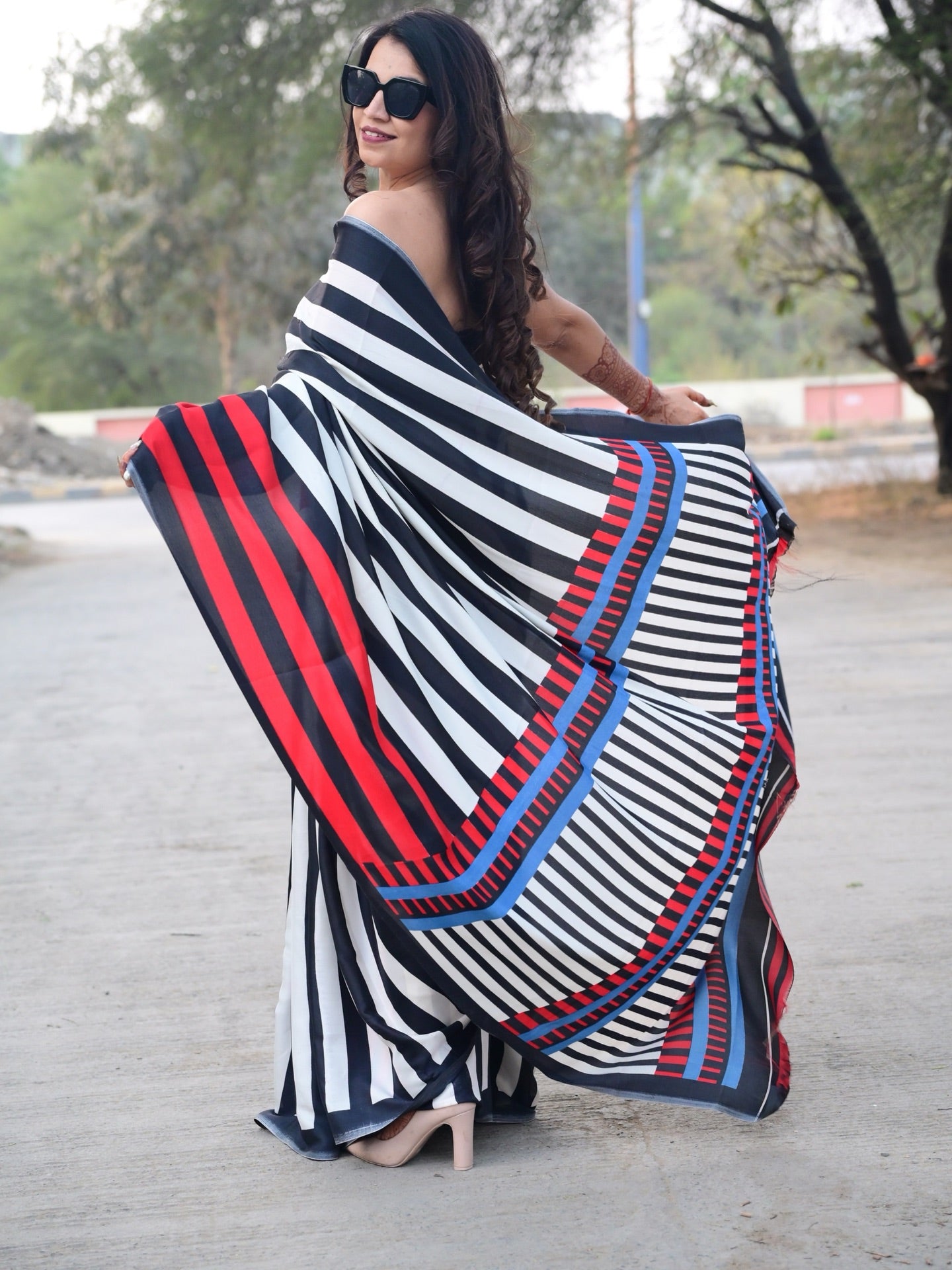 Buy MySilkLove Aced Black and White Stripes Printed Satin Crepe Silk Saree Online