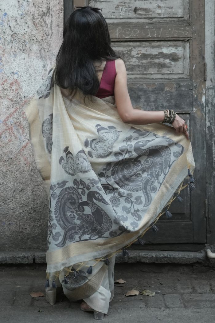 Buy MySilkLove Tulip White Muga Cotton Saree Online