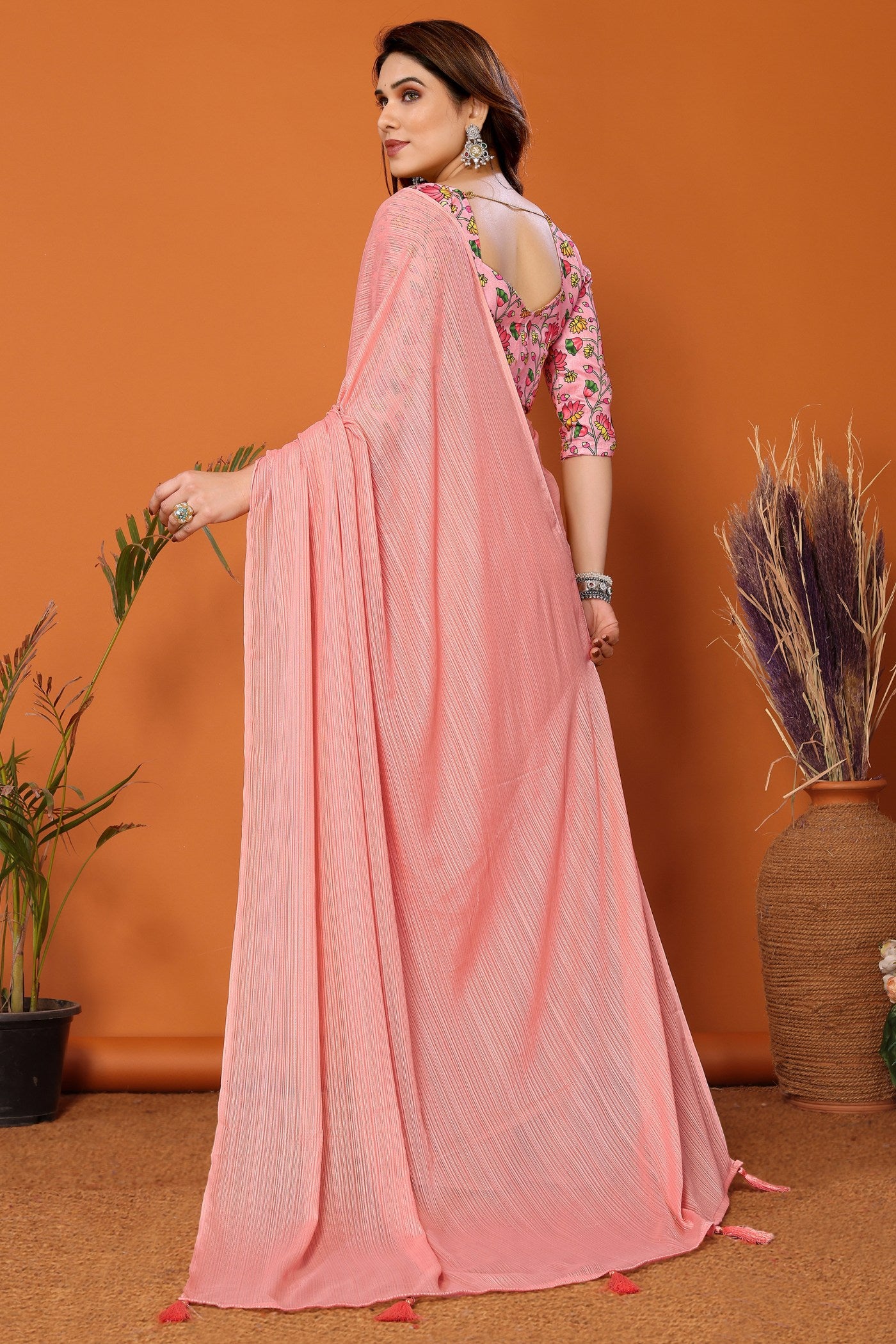 Buy MySilkLove Heather Peach Solid Plain Saree Online