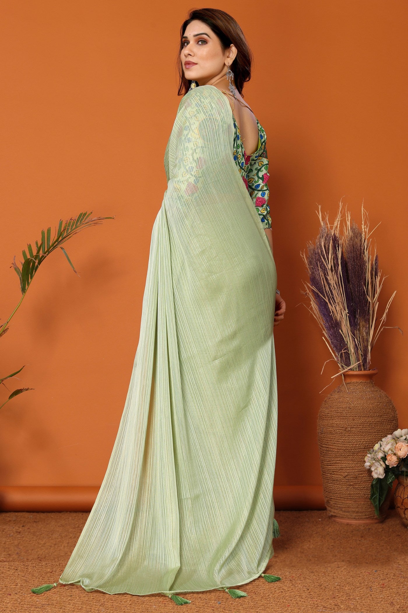 Buy MySilkLove Basil Green Solid Plain Saree Online