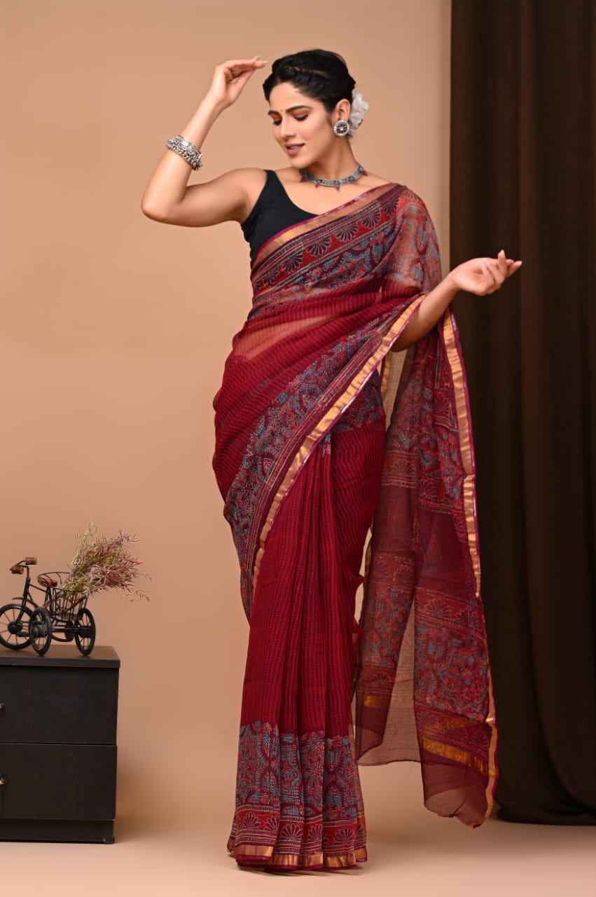 Buy MySilkLove Dark Tan Maroon Handblock Kota Doriya Saree Online