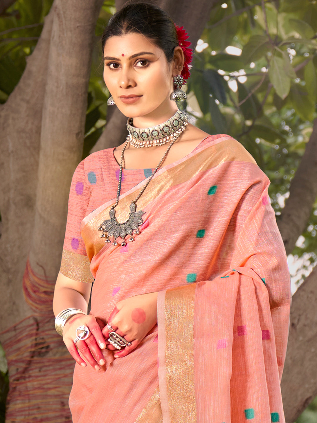 Buy MySilkLove Tacao Peach Cotton Silk Saree Online