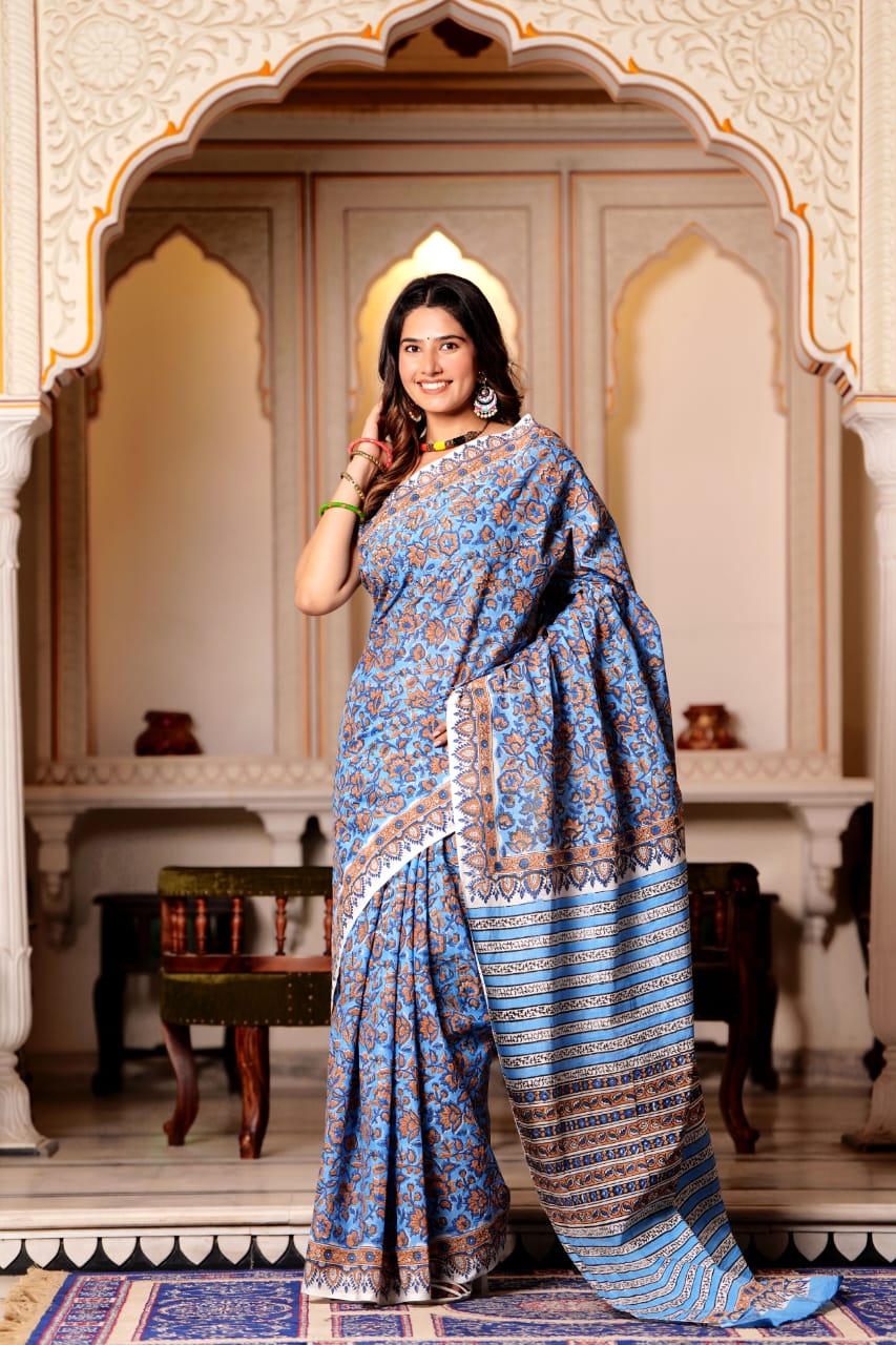 Buy MySilkLove Hoki Blue Pure Cotton Handblock Printed Saree Online