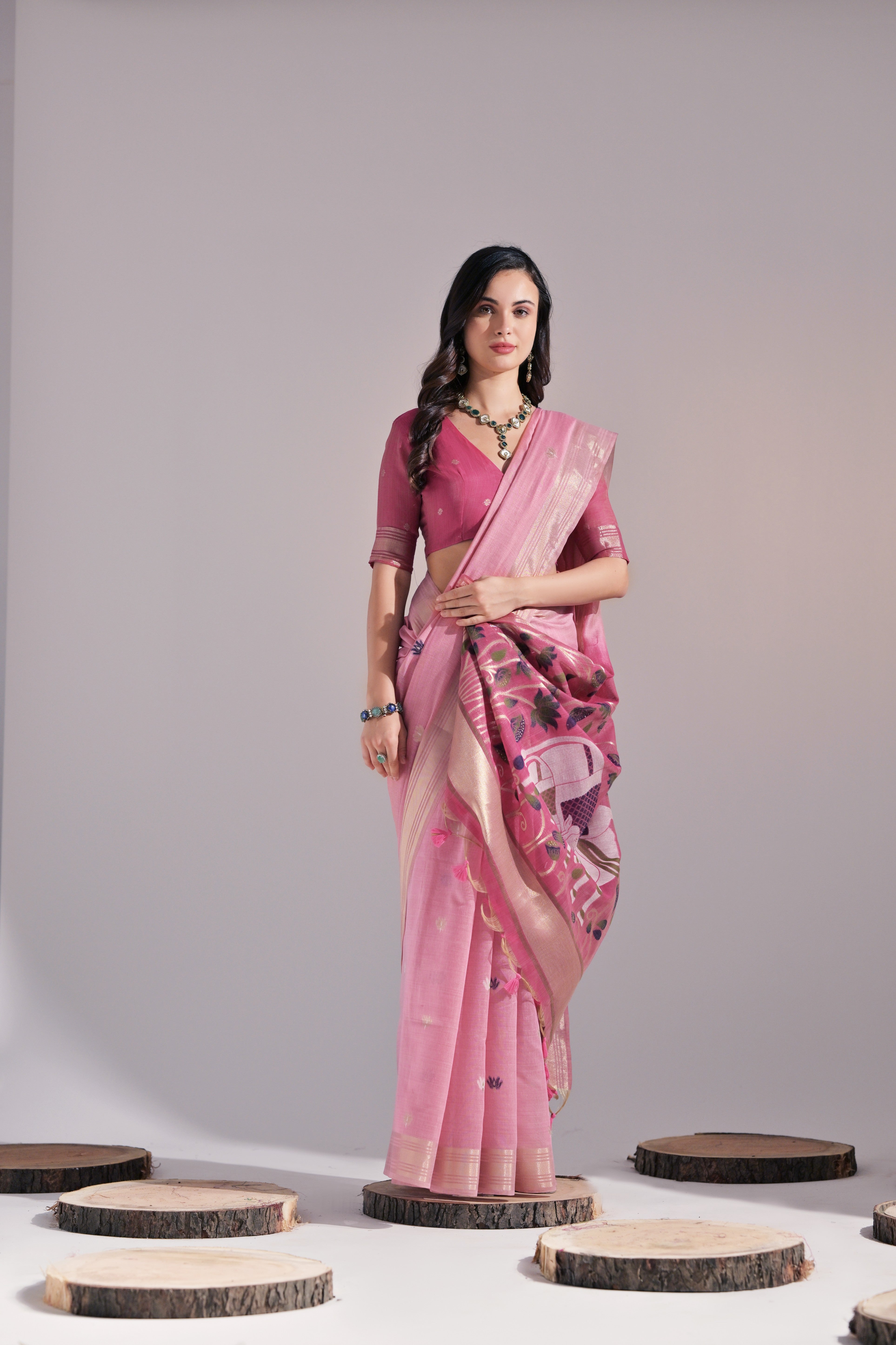 Buy MySilkLove Baby Pink Woven Muga Cotton Saree Online