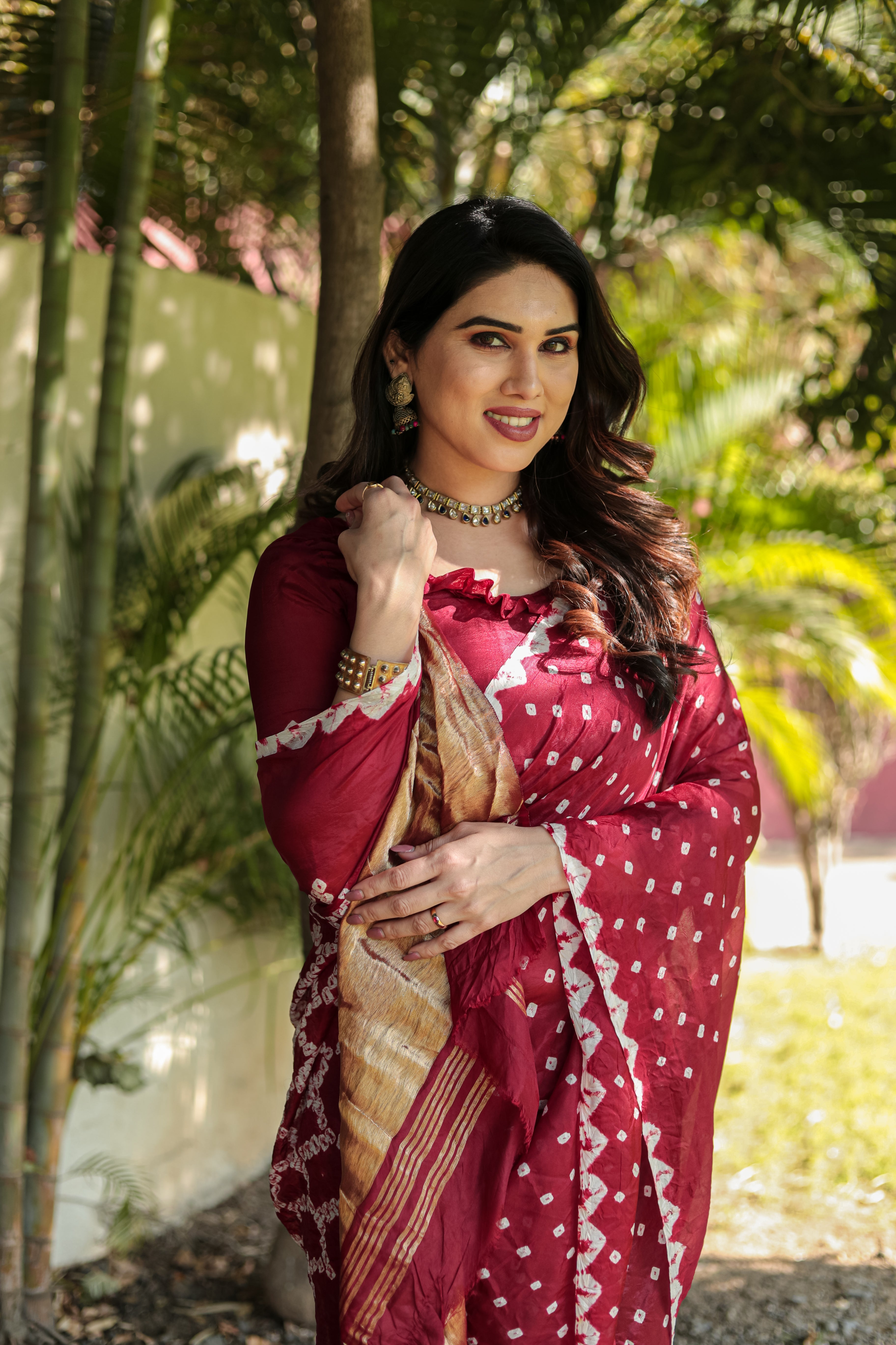 Buy MySilkLove Dark Tan Maroon Designer Bandhani Printed Saree Online