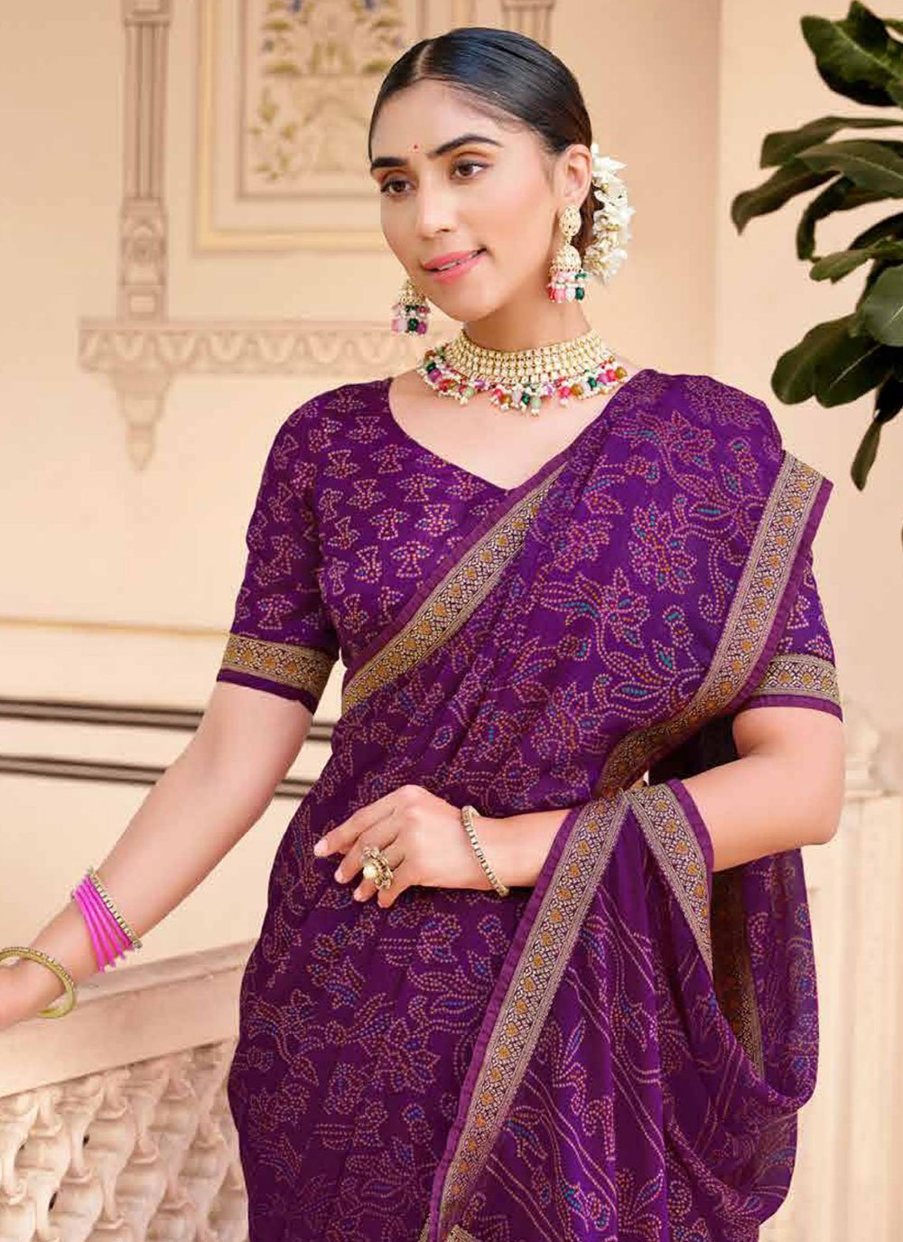 Buy MySilkLove Plum Purple Chiffon Bandhani Saree Online