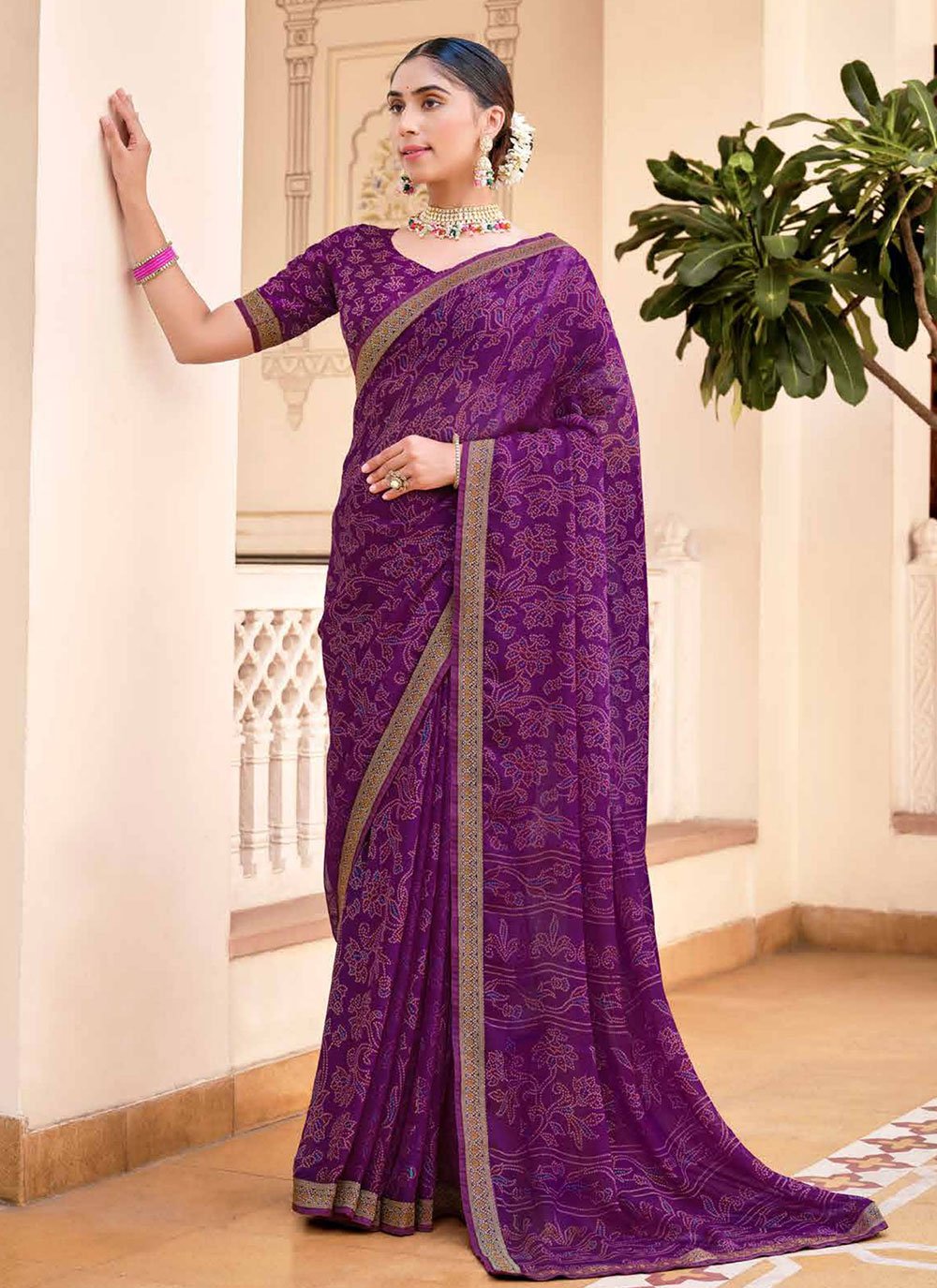 Buy MySilkLove Plum Purple Chiffon Bandhani Saree Online