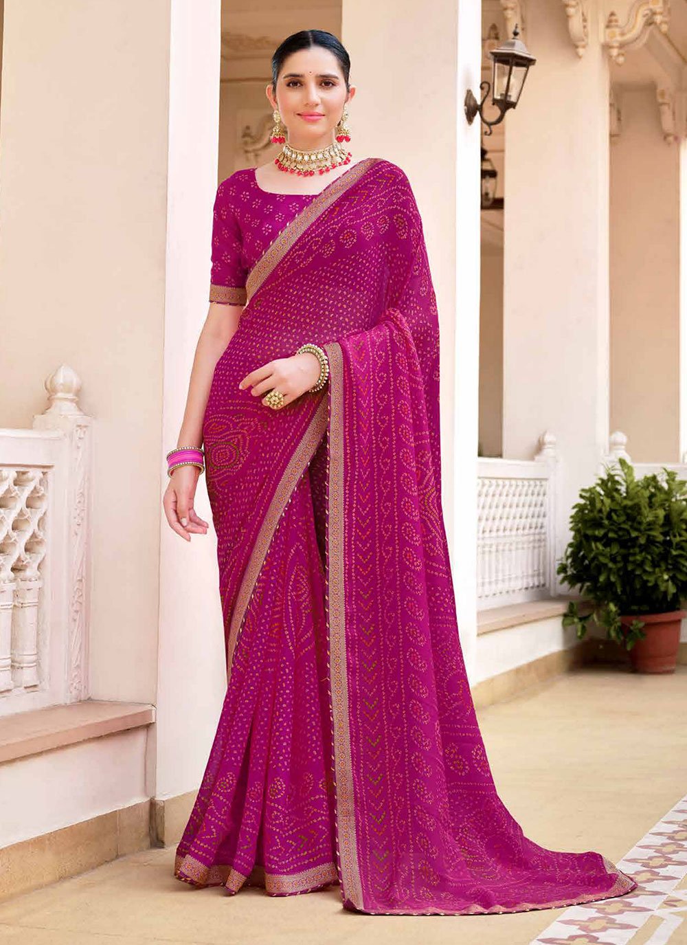 Buy MySilkLove Jazzberry Jam Pink Chiffon Bandhani Saree Online