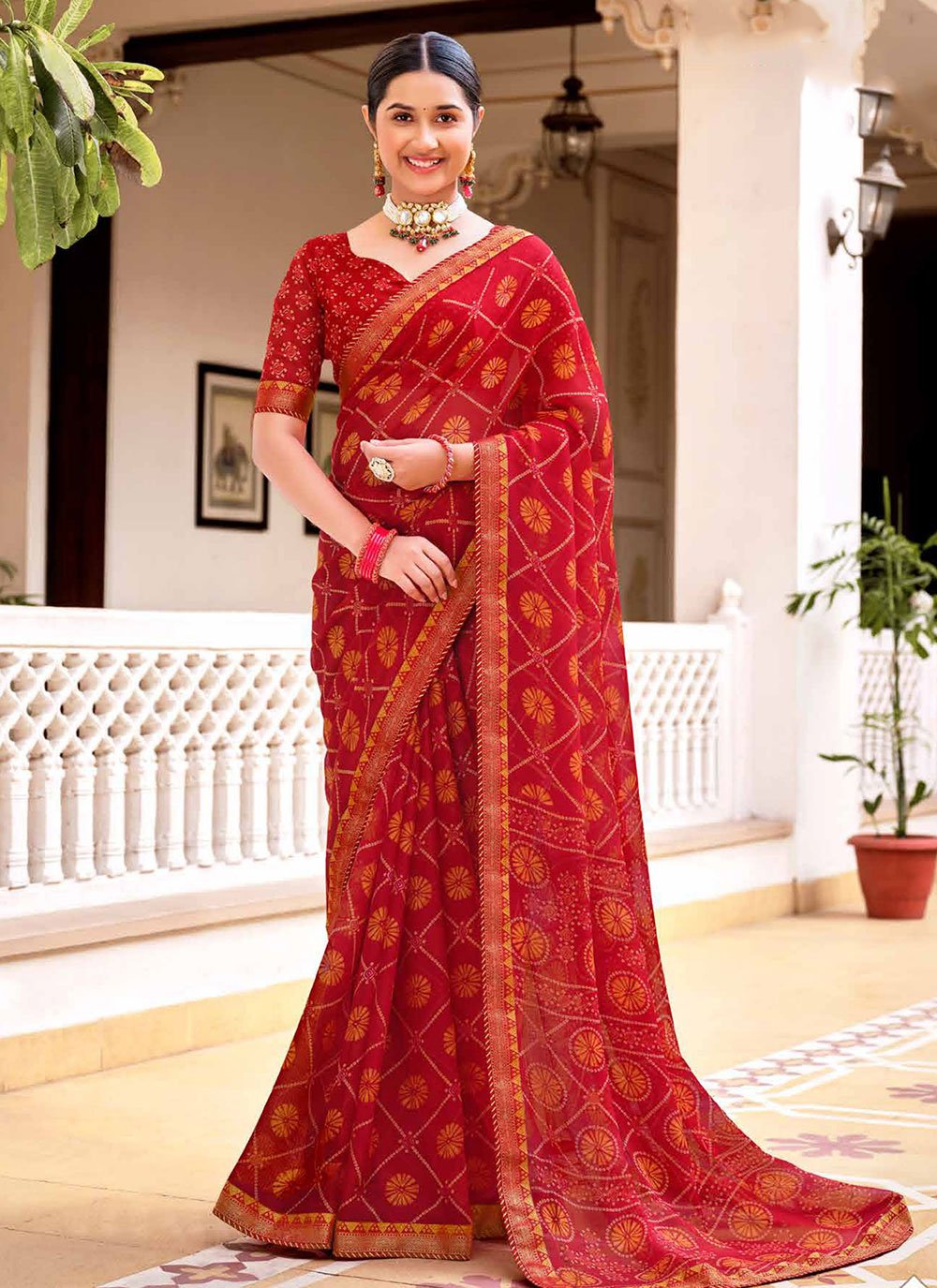 Buy MySilkLove Monza Red Chiffon Bandhani Saree Online