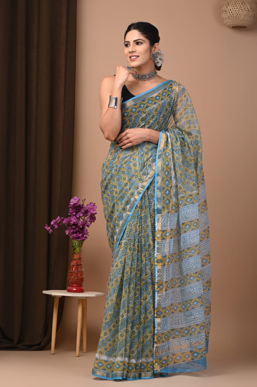 Buy MySilkLove Cerulean Frost Blue Handblock Kota Doriya Saree Online