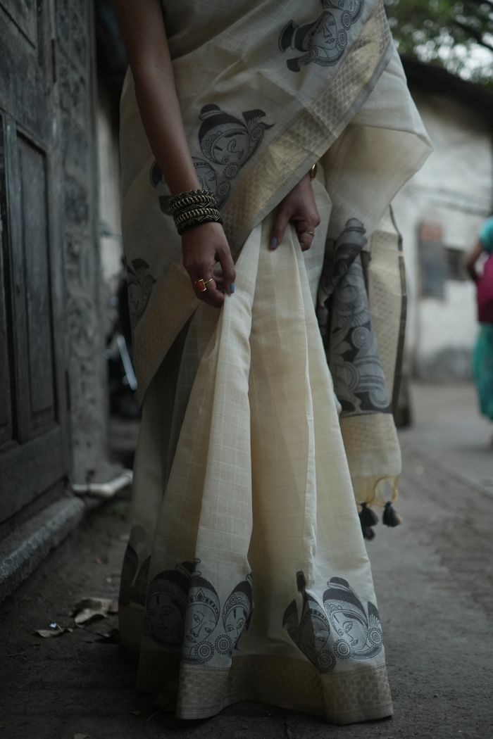 Buy MySilkLove Tulip White Muga Cotton Saree Online