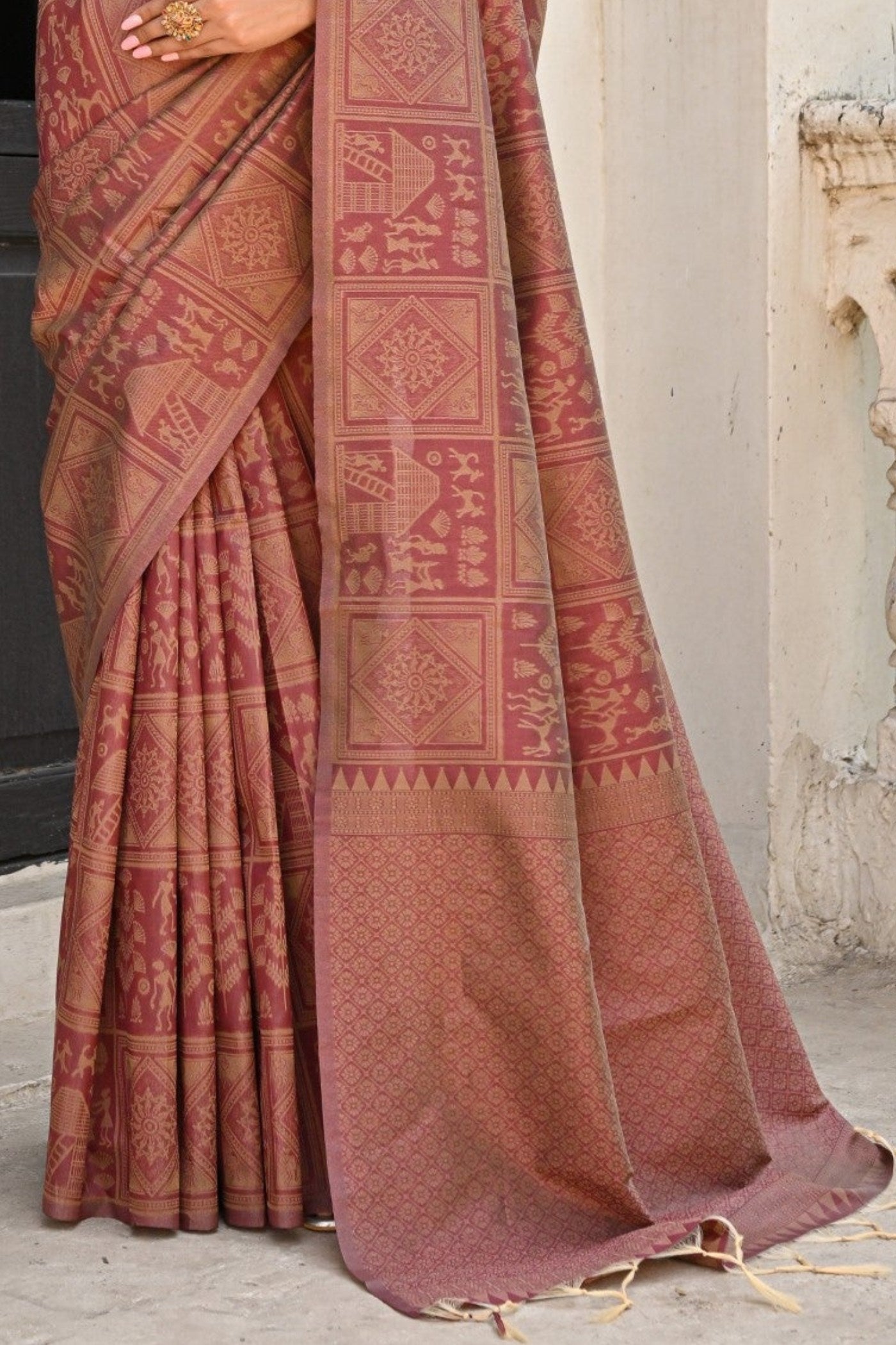 Buy MySilkLove Matrix Brown Woven Kalamkari Raw Silk Saree Online