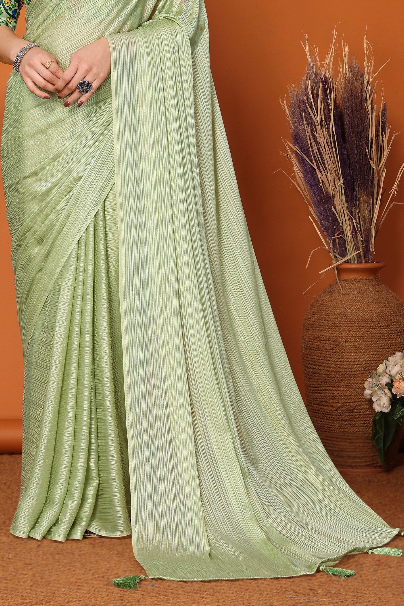 Buy MySilkLove Basil Green Solid Plain Saree Online