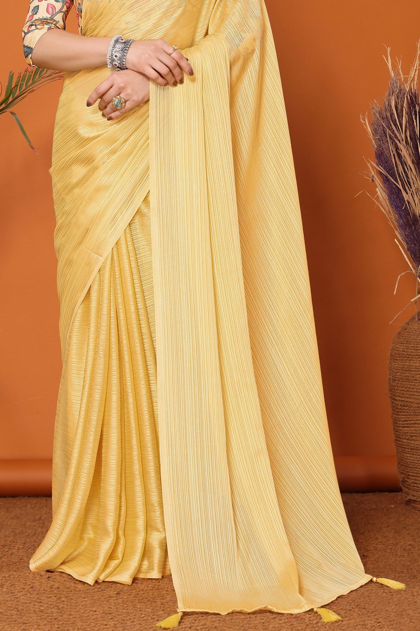 Buy MySilkLove Soft Corn Yellow Solid Plain Saree Online