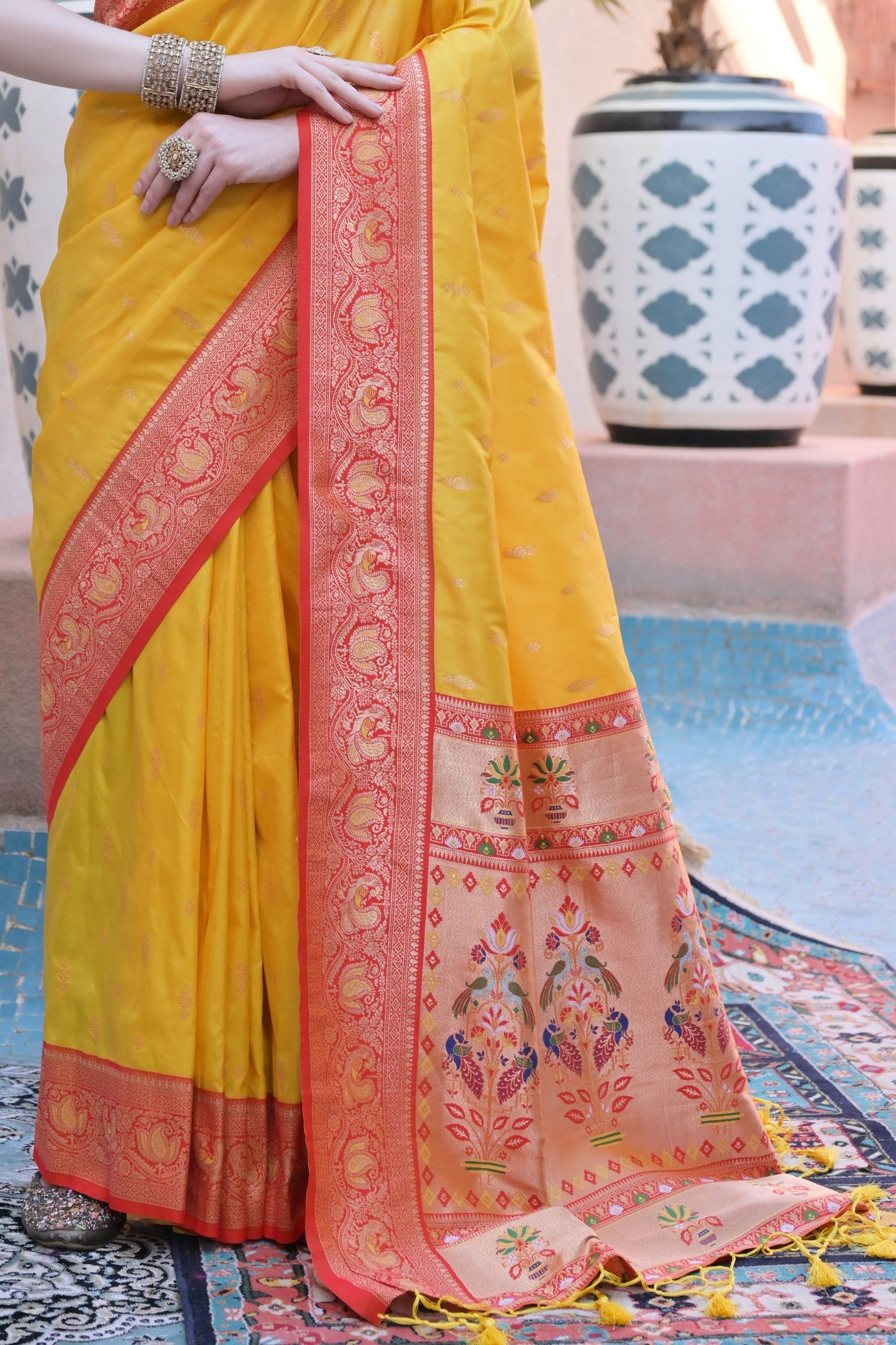 Buy MySilkLove Cyber Yellow Zari Woven Paithani Saree Online