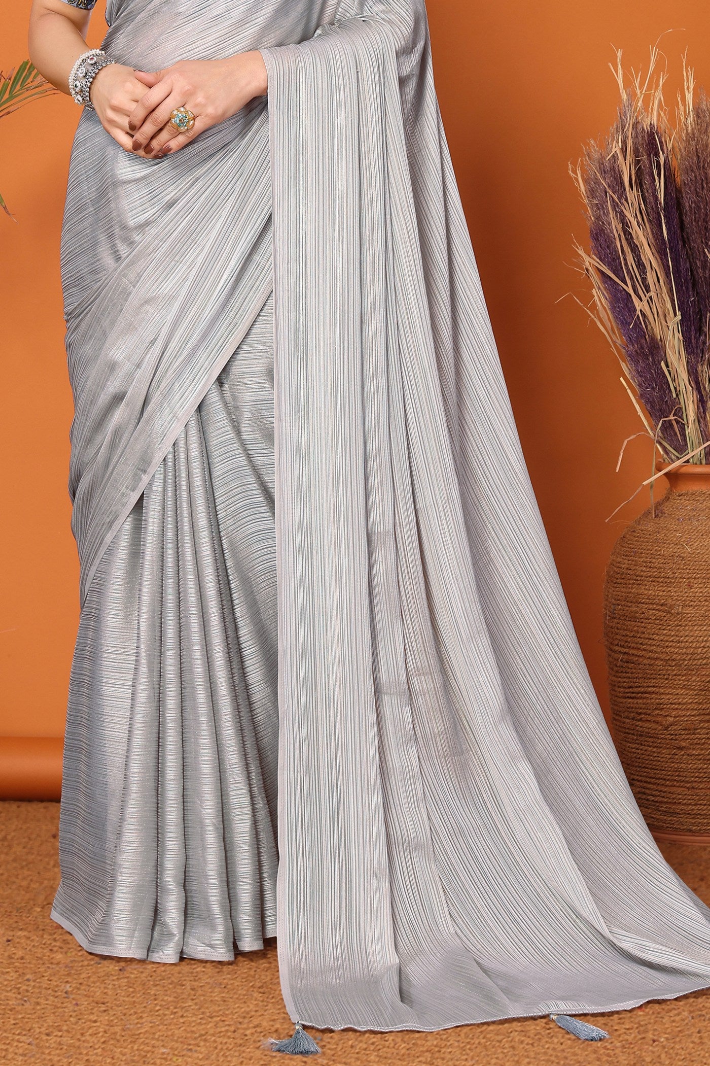 Buy MySilkLove Silver Grey Solid Plain Saree Online