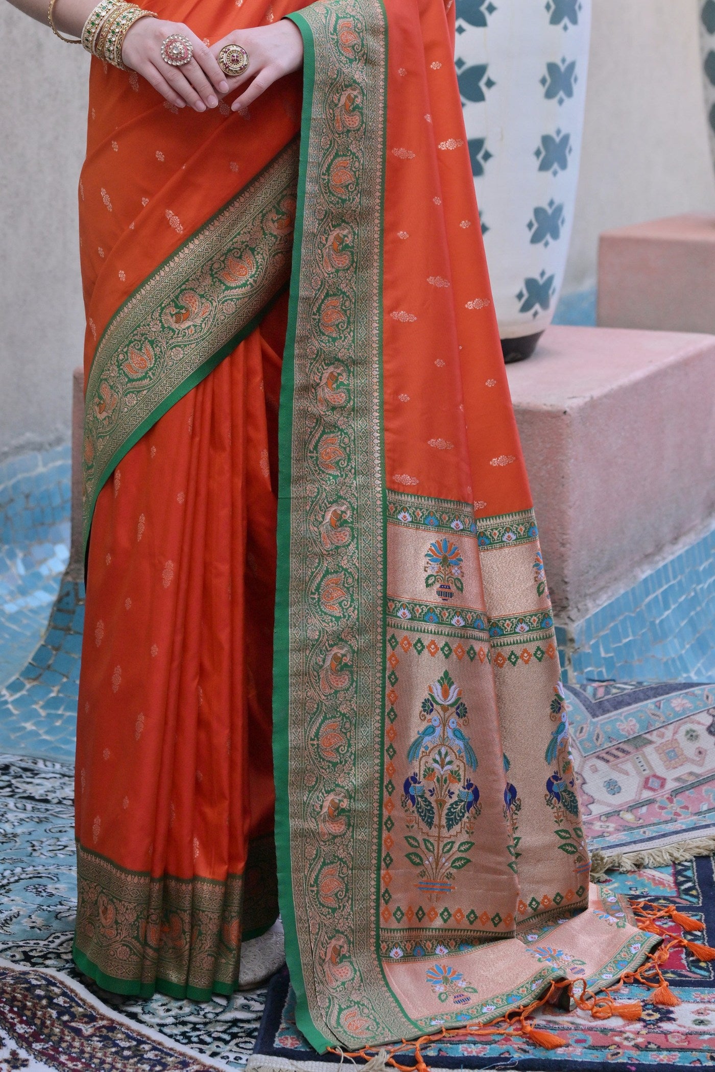 Buy MySilkLove Dark Pupmkin Orange Zari Woven Paithani Saree Online