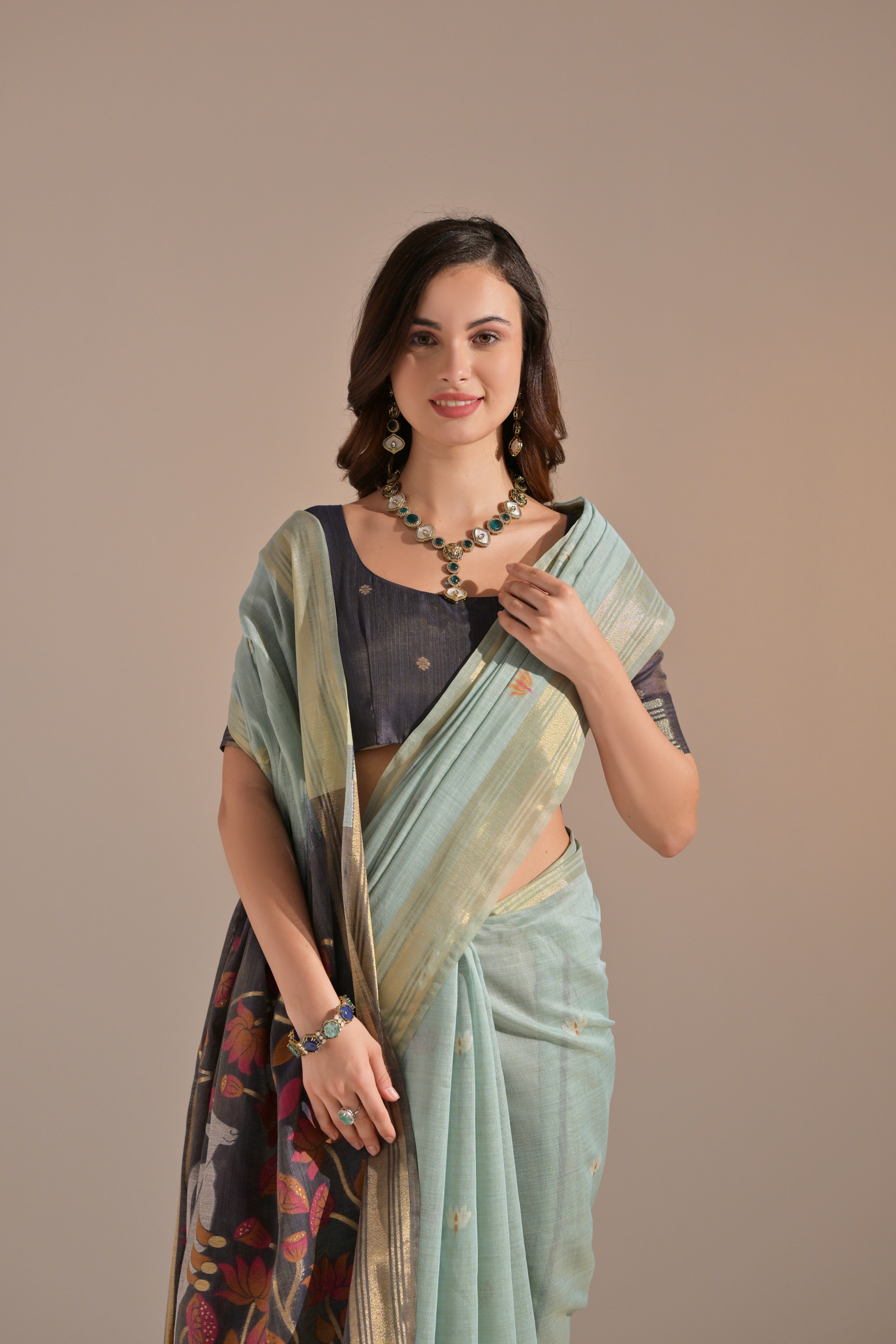 Buy MySilkLove Neptune Blue Woven Muga Cotton Saree Online