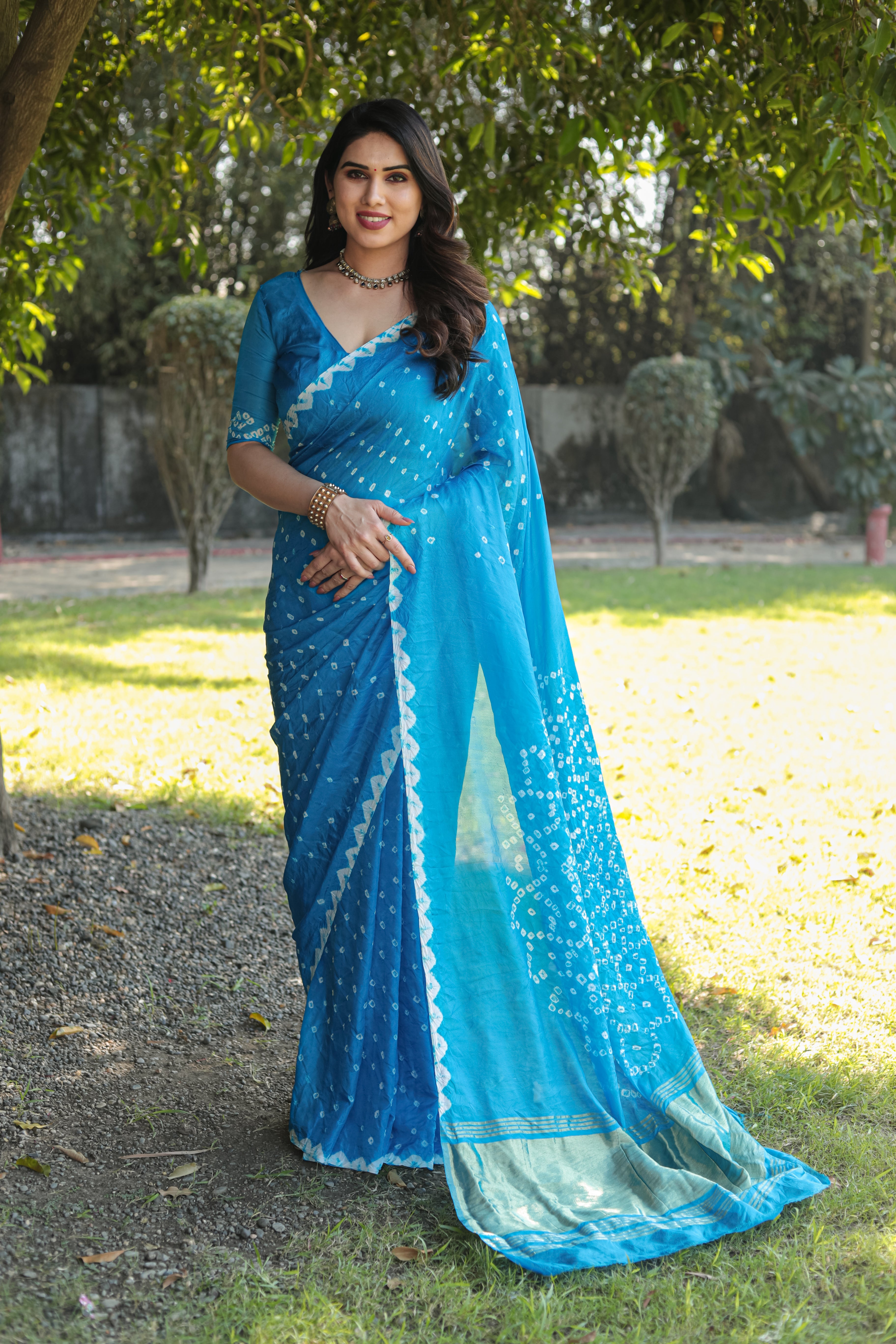 Buy MySilkLove Cerulean Blue Designer Bandhani Printed Saree Online