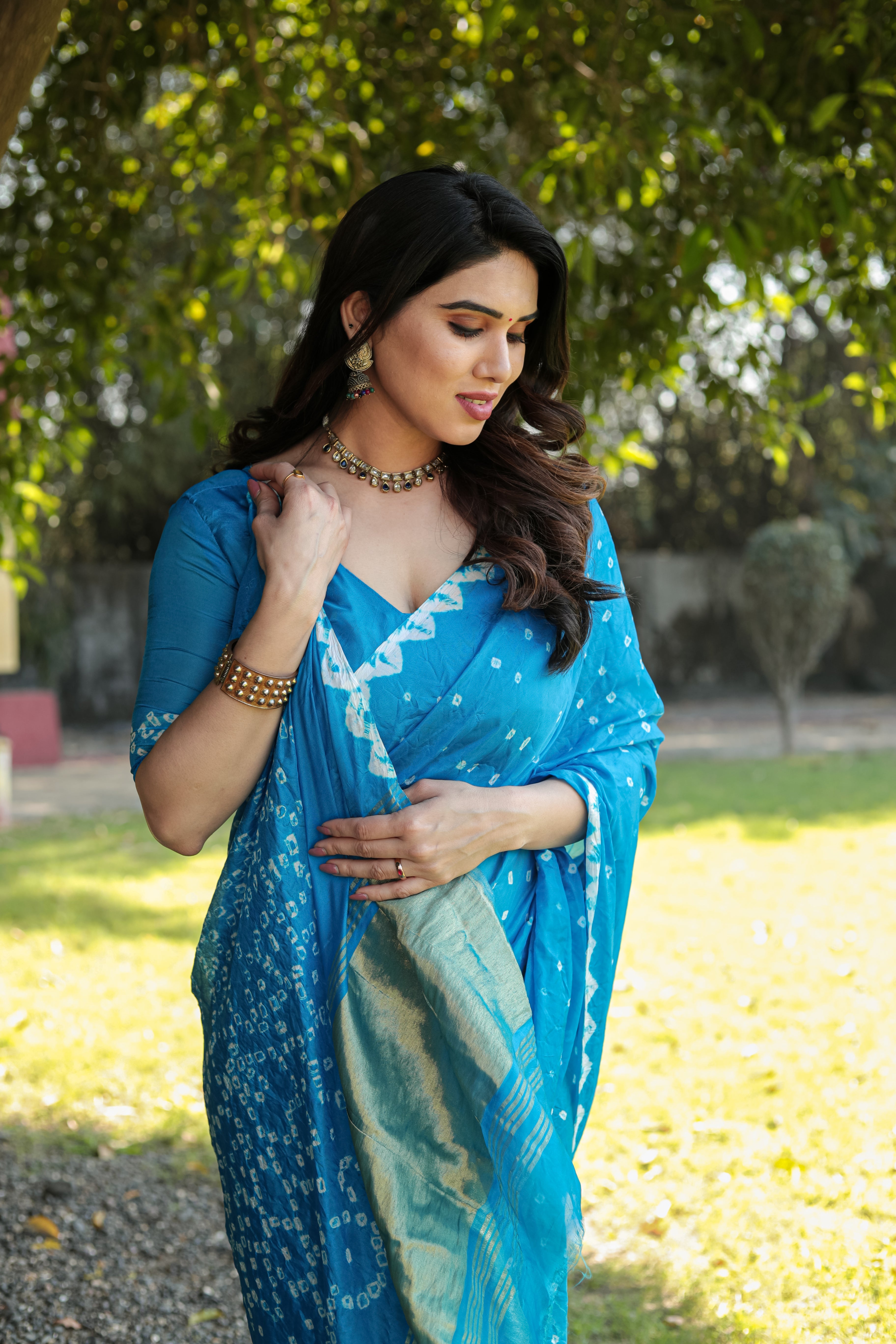 Buy MySilkLove Cerulean Blue Designer Bandhani Printed Saree Online