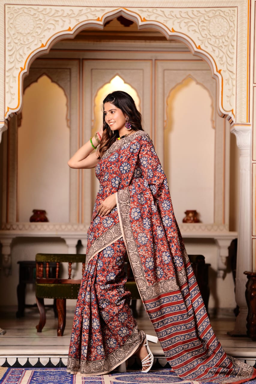 Buy MySilkLove Quicksand Brown Pure Cotton Handblock Printed Saree Online