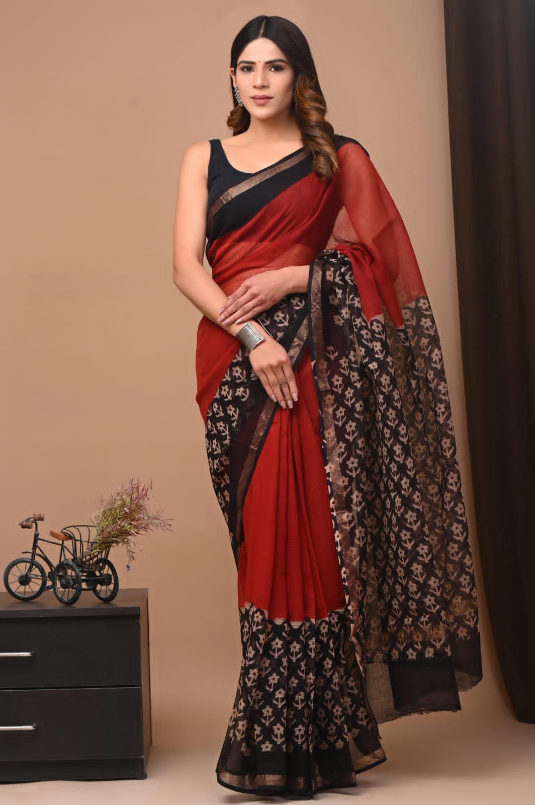 Buy MySilkLove Crail Brown Handblock Kota Doriya Saree Online