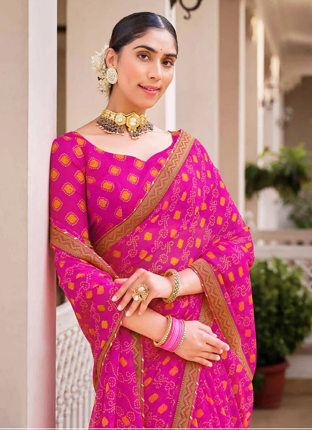 MySilkLove Razzmatazz Pink Chiffon Bandhani Saree