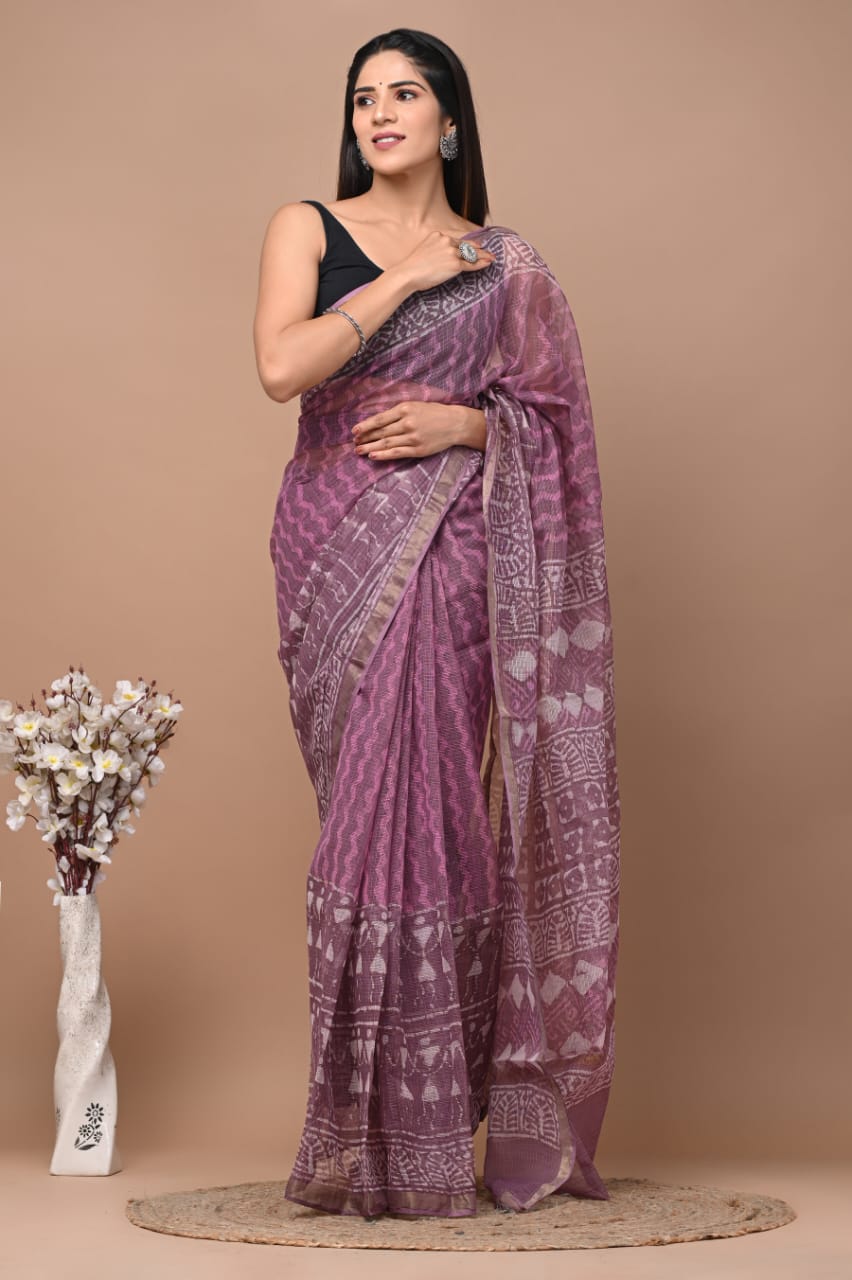 Buy MySilkLove Twilight Lavender Handblock Kota Doriya Saree Online