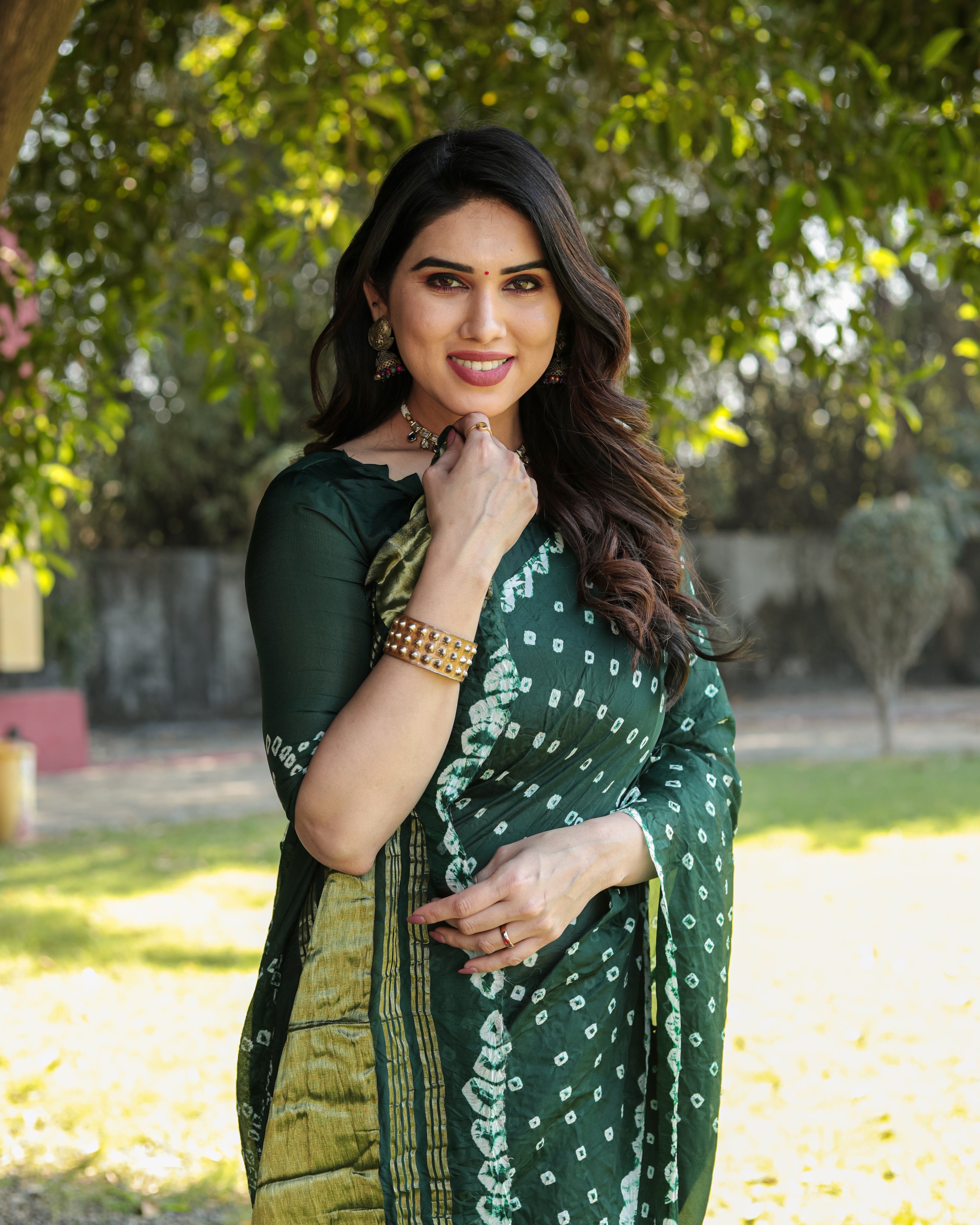 Buy MySilkLove Leather Jacket Green Designer Bandhani Printed Saree Online