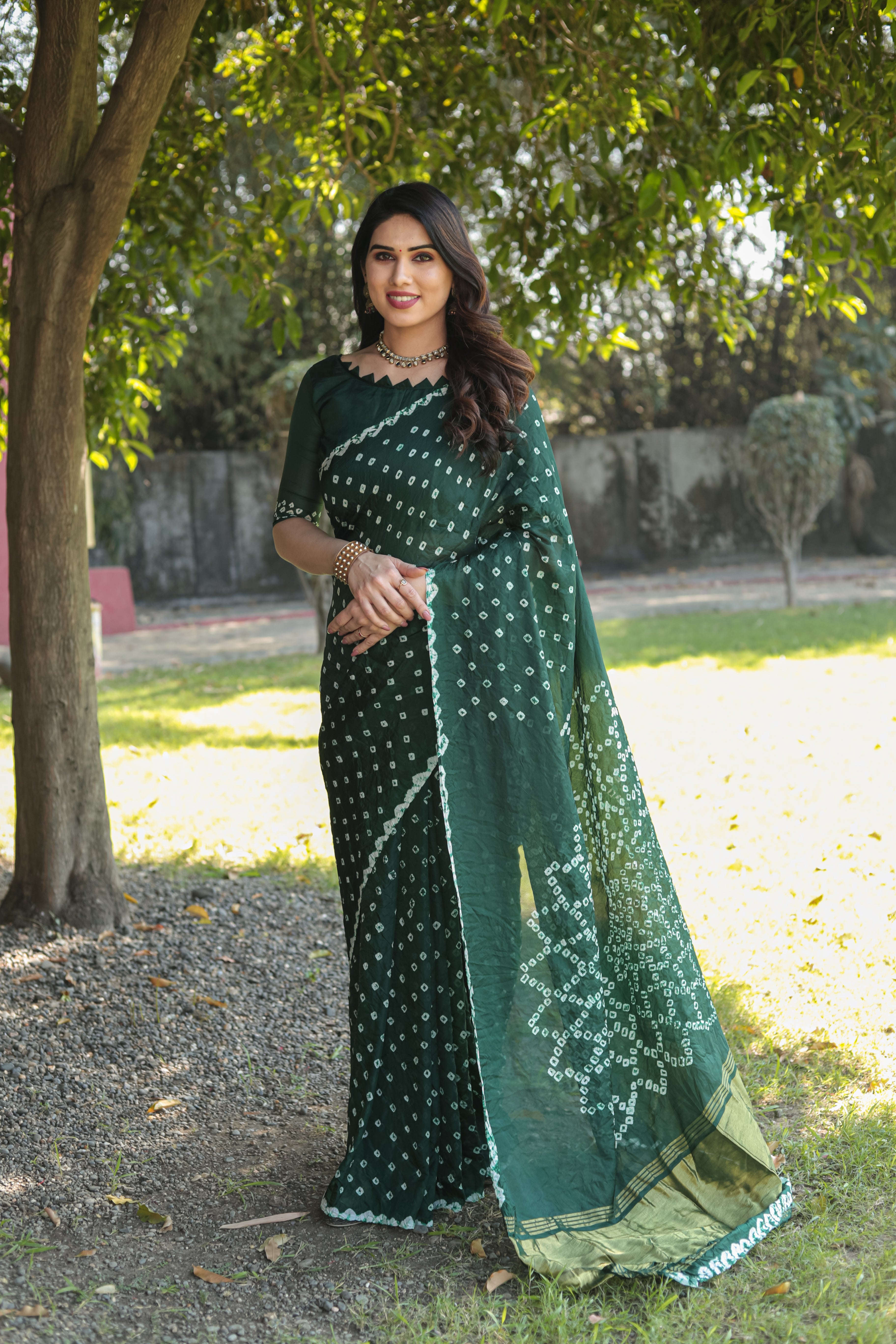 MySilkLove Leather Jacket Green Designer Bandhani Printed Saree