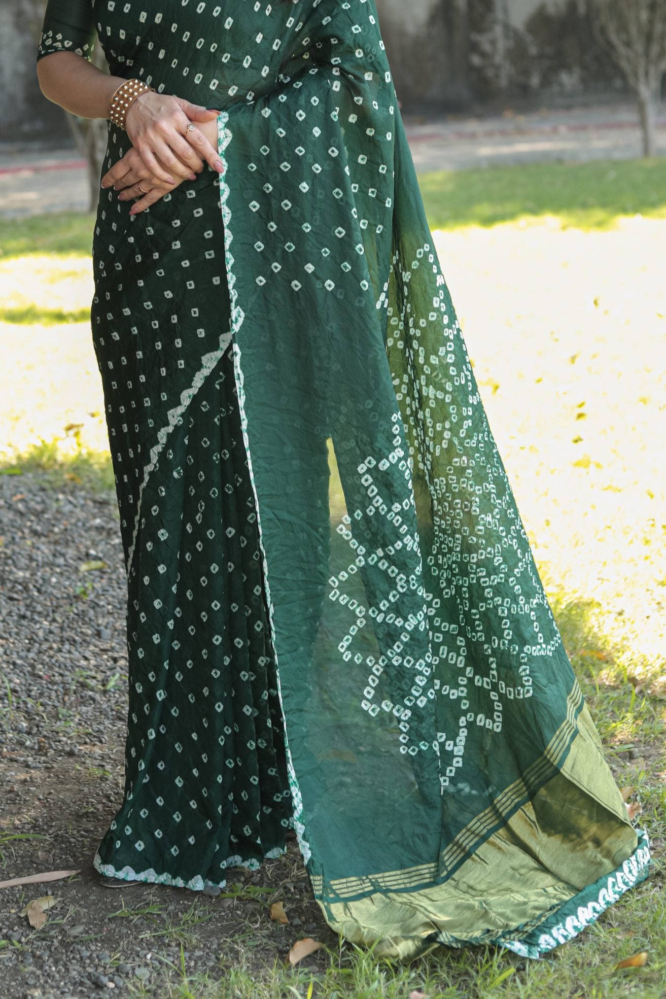 Buy MySilkLove Leather Jacket Green Designer Bandhani Printed Saree Online