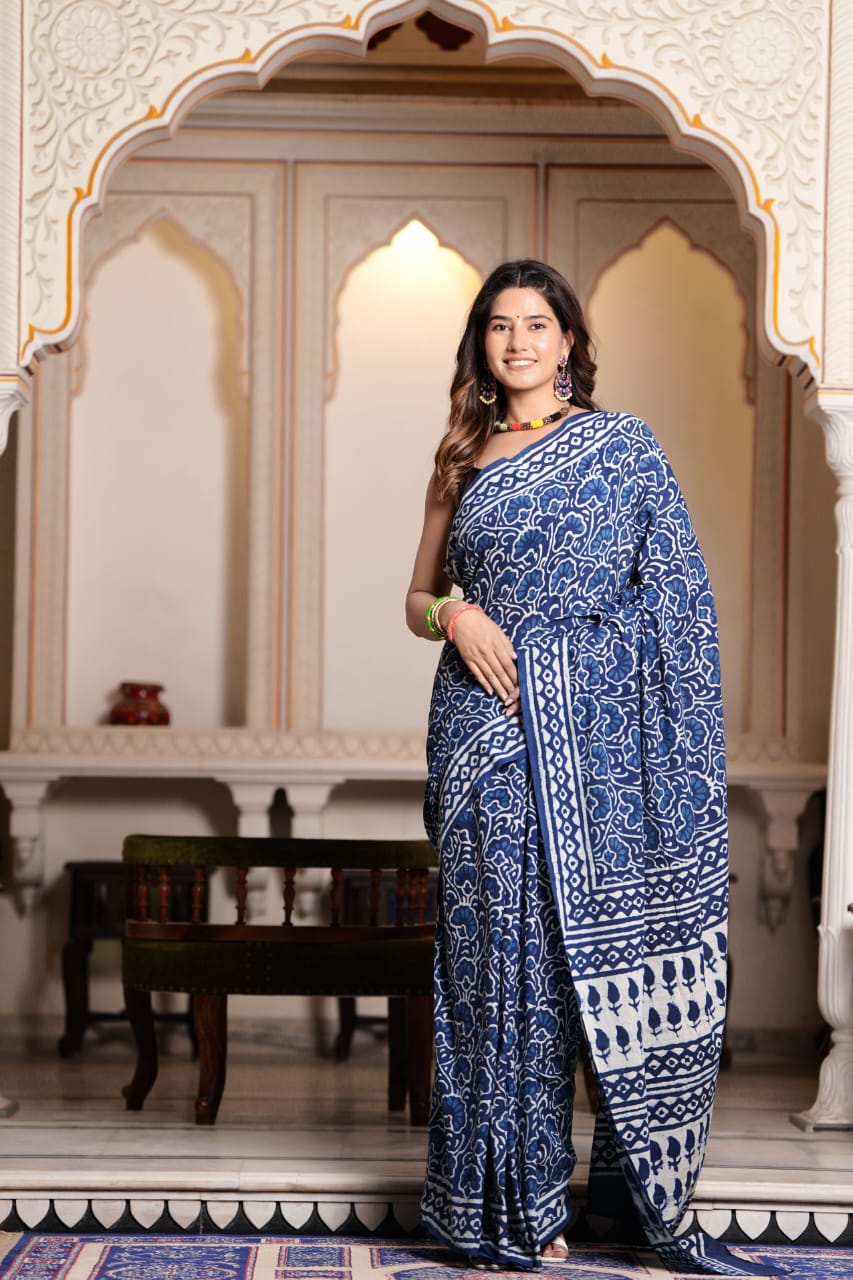 Buy MySilkLove Kashmir Blue Pure Cotton Handblock Printed Saree Online