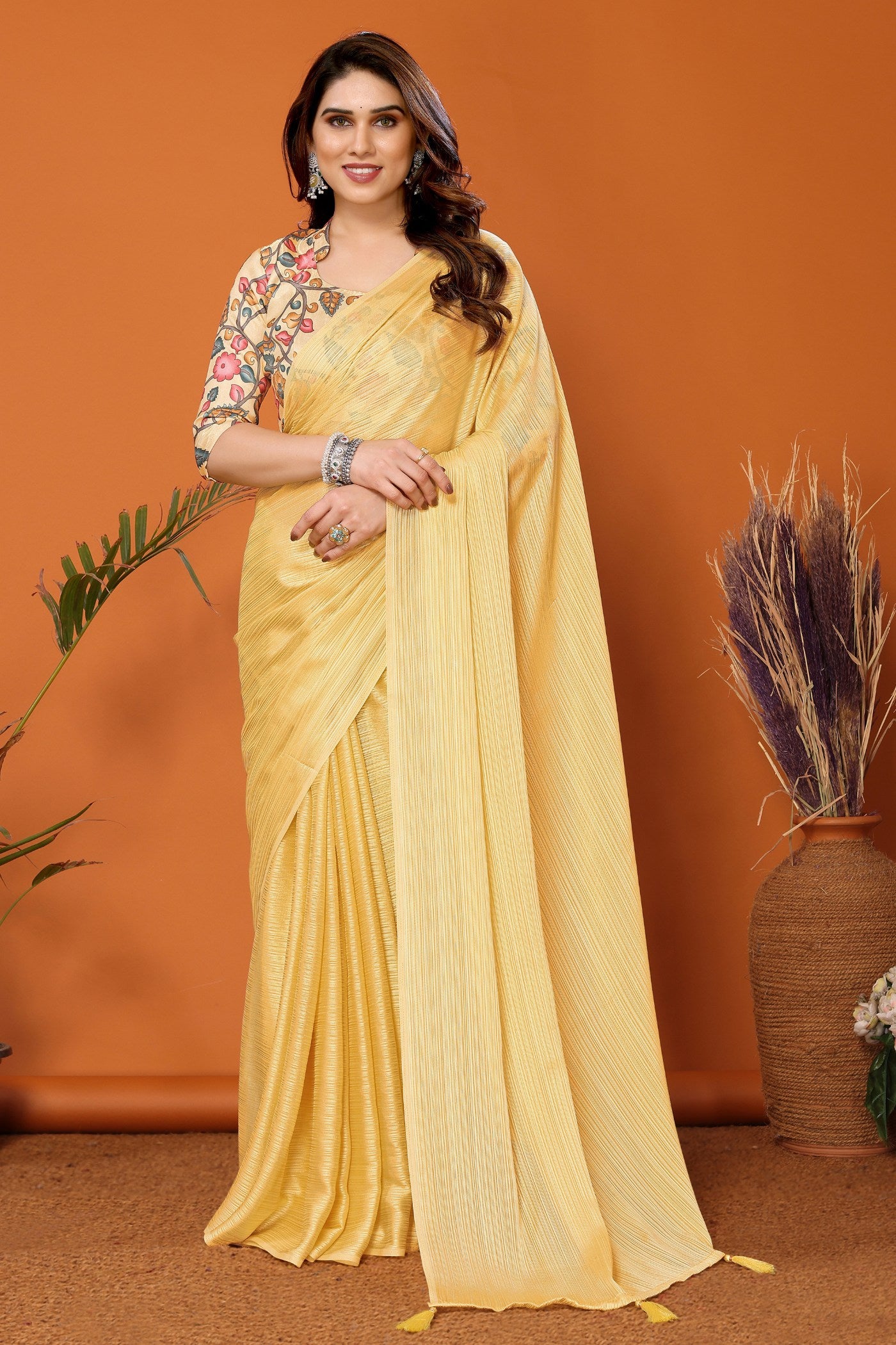 Buy MySilkLove Soft Corn Yellow Solid Plain Saree Online