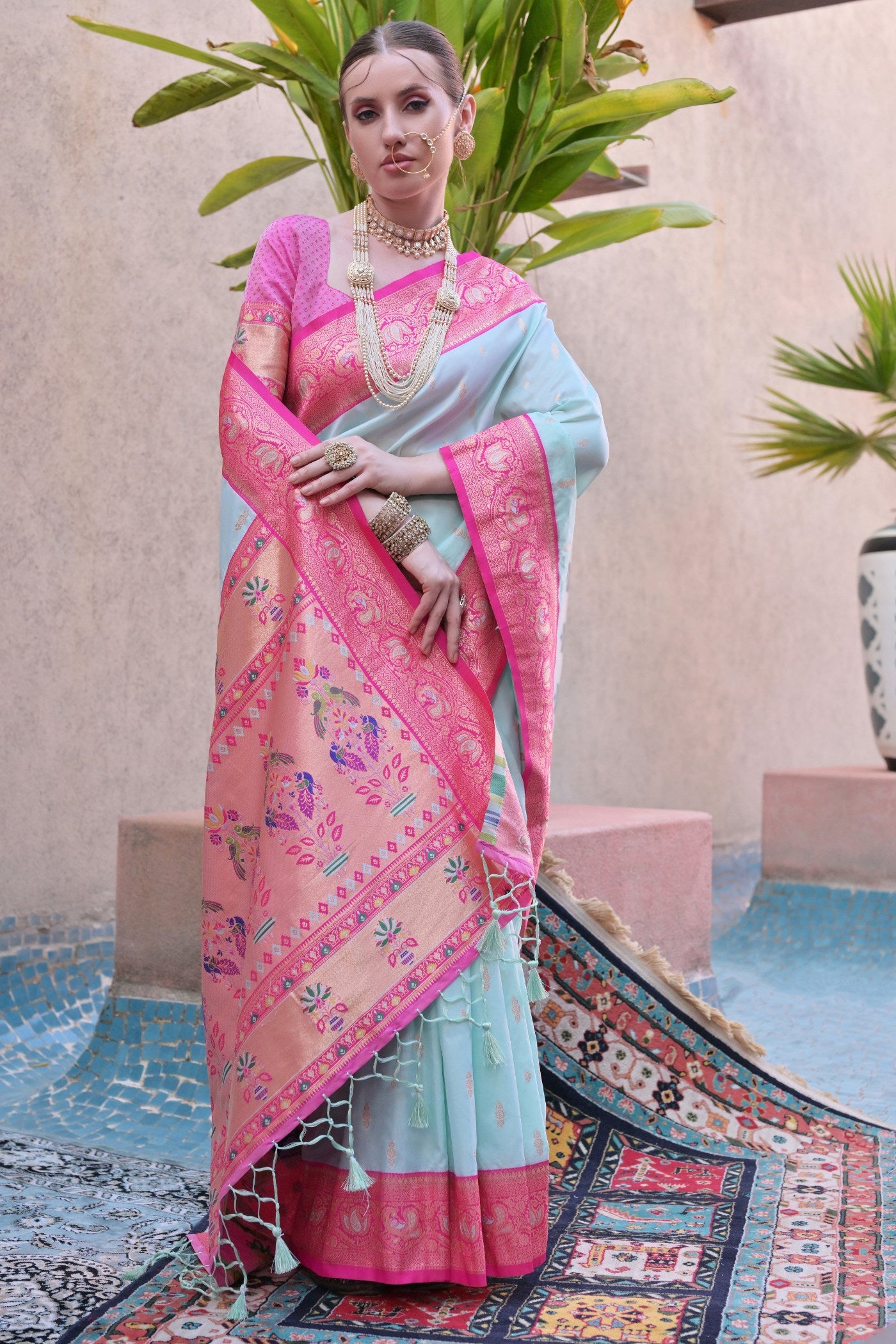 Buy MySilkLove Light Blue Zari Woven Paithani Saree Online