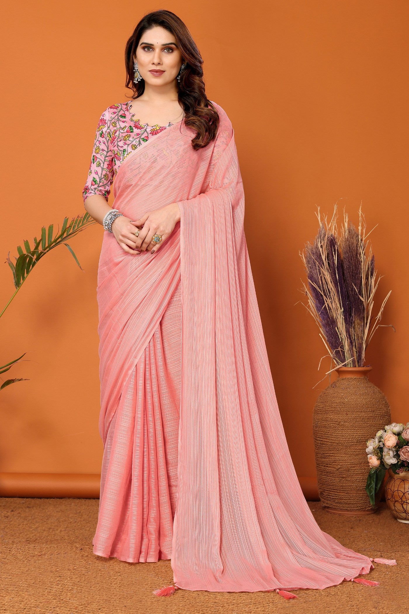 Buy MySilkLove Heather Peach Solid Plain Saree Online