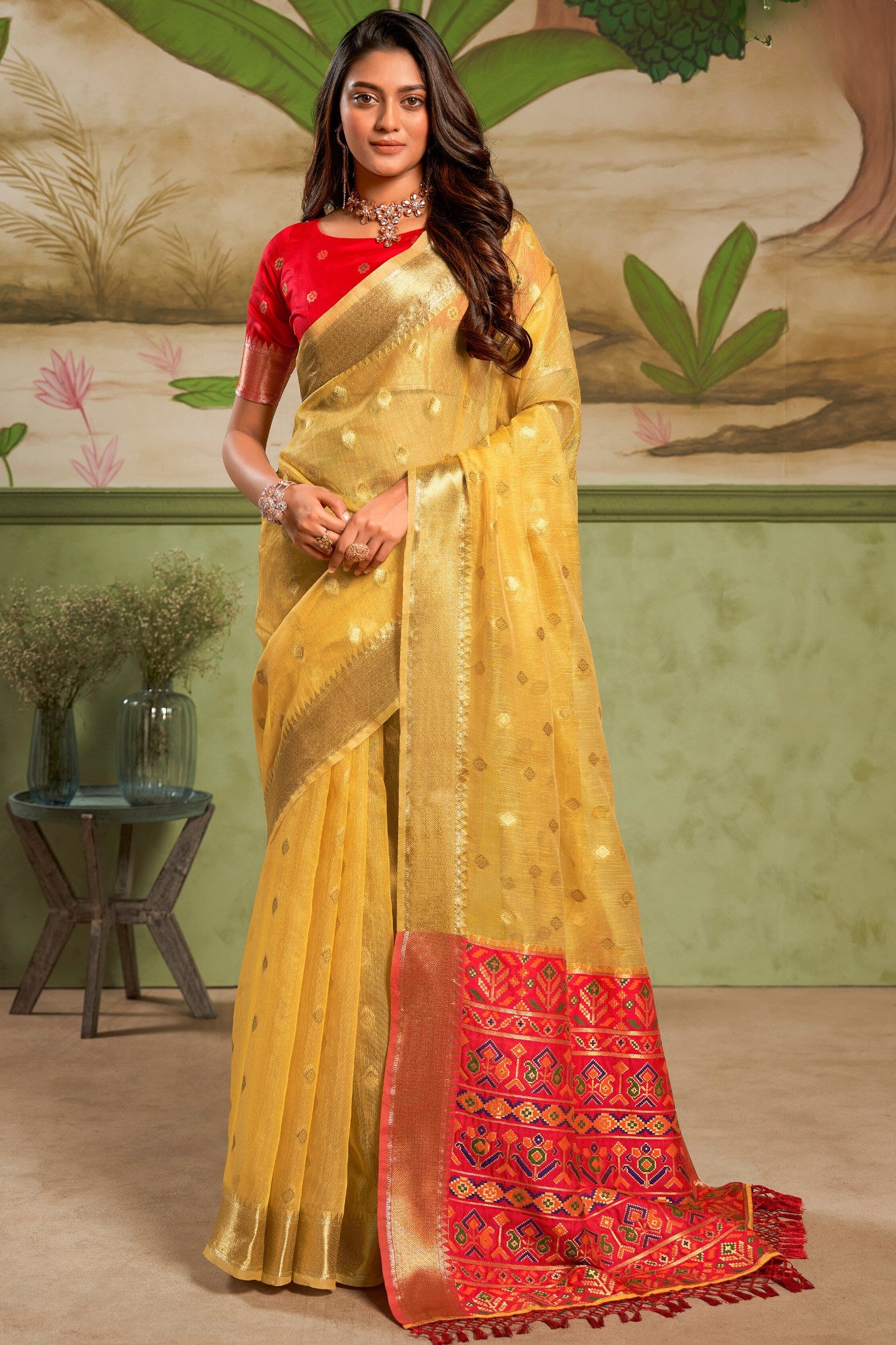 Buy MySilkLove Tussock Yellow Banarasi Tissue Silk Saree Online