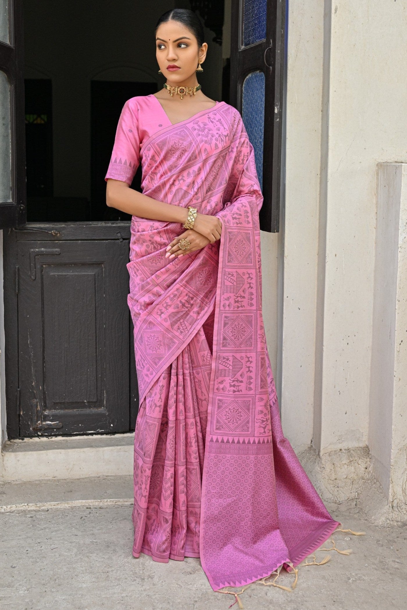 Buy MySilkLove Shimmering Blush Pink Woven Kalamkari Raw Silk Saree Online