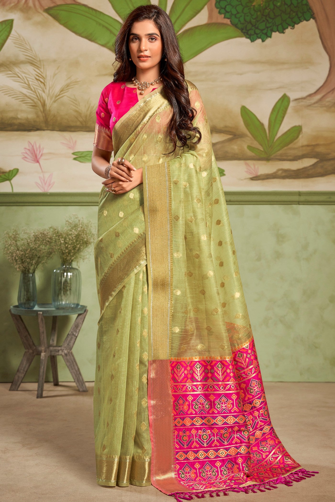 Buy MySilkLove Wild Willow Green Banarasi Tissue Silk Saree Online