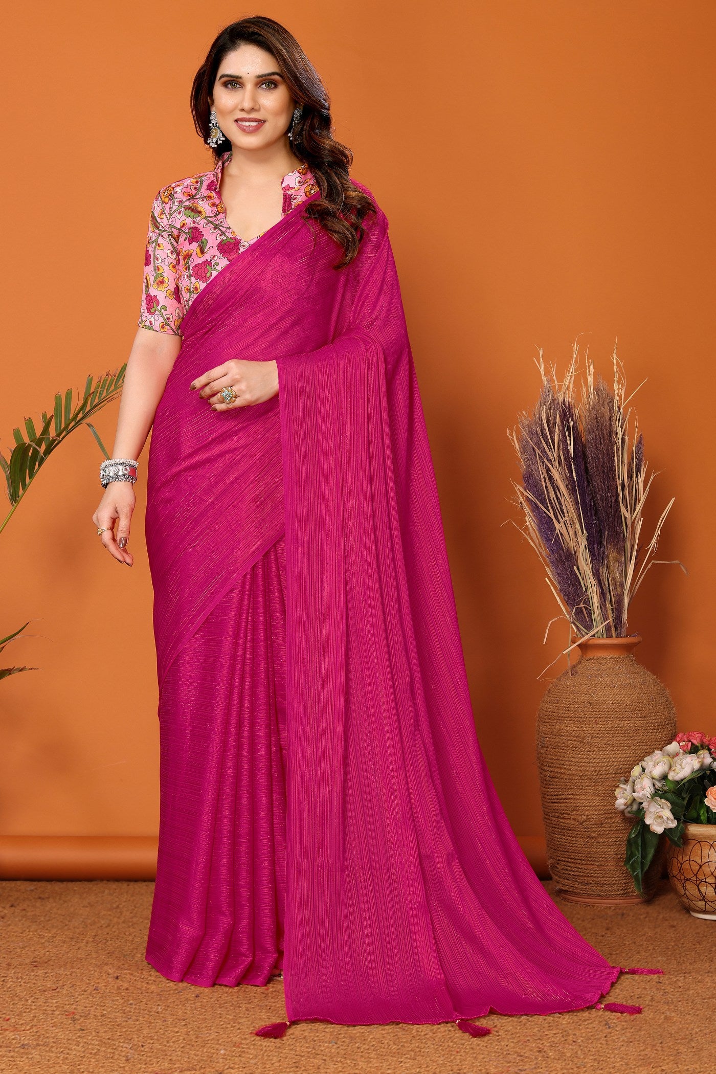 Buy MySilkLove Wild Berry Pink Solid Plain Saree Online