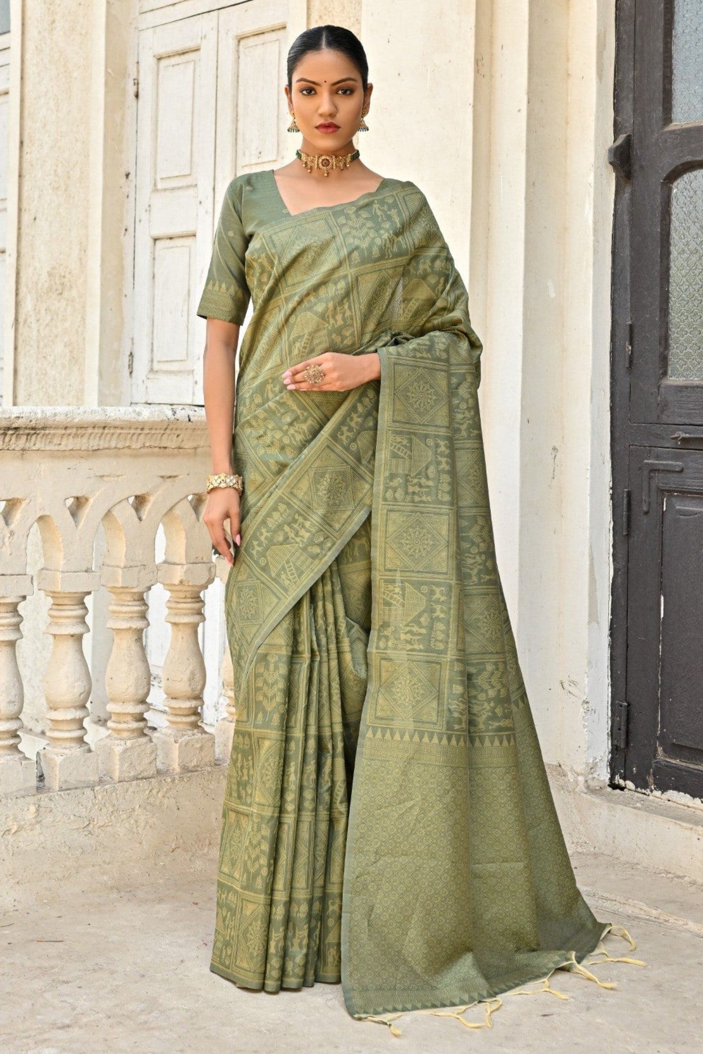 Buy MySilkLove Clay Creek Green Woven Kalamkari Raw Silk Saree Online