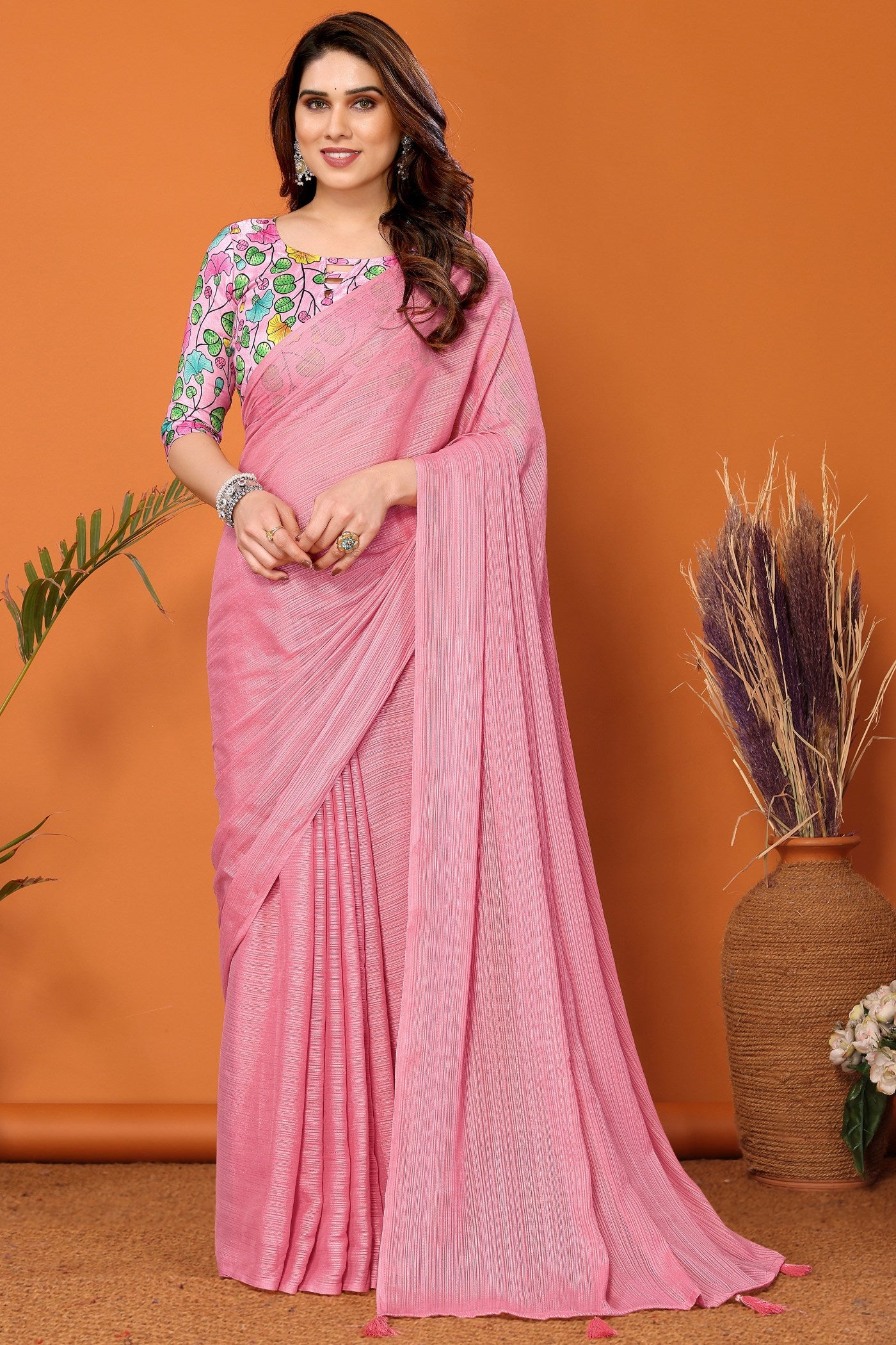 Buy MySilkLove Millenial Pink Solid Plain Saree Online