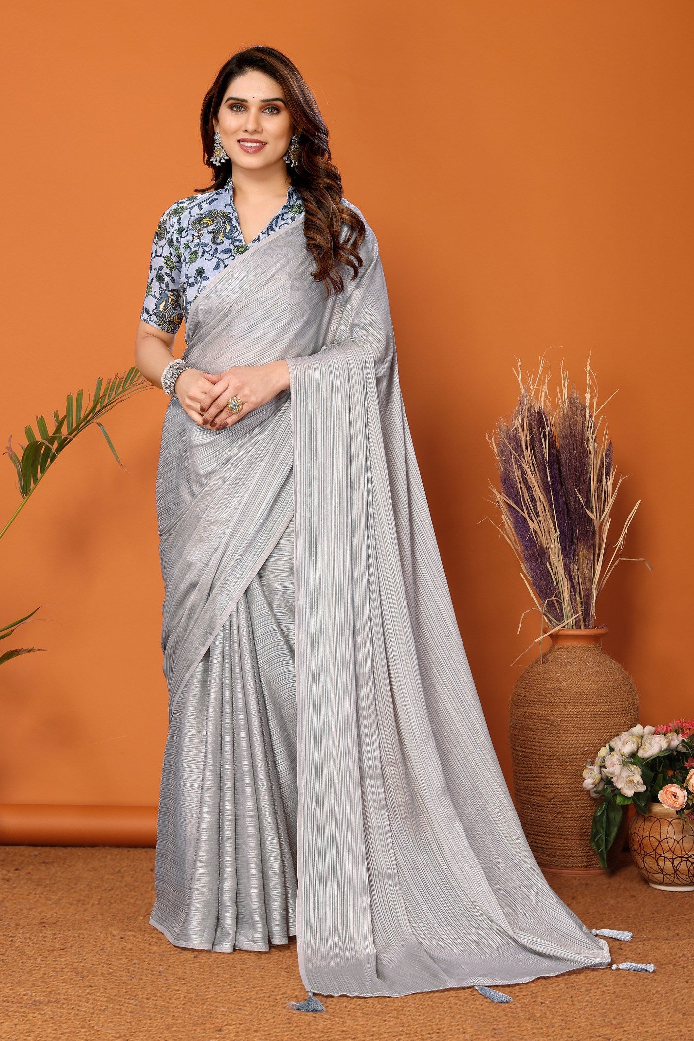 Buy MySilkLove Silver Grey Solid Plain Saree Online