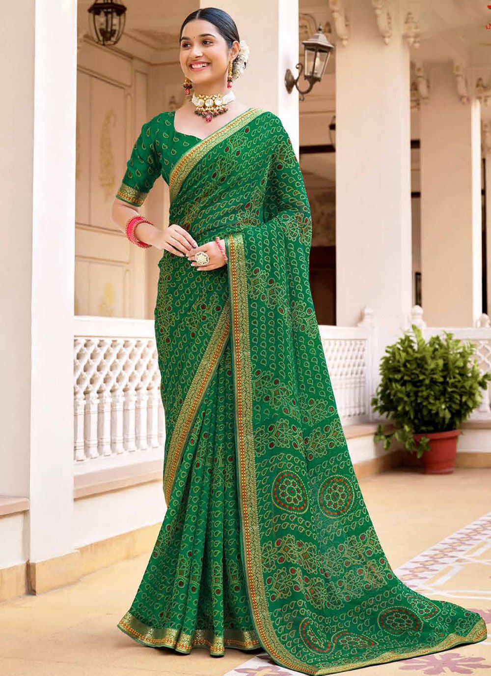 Buy MySilkLove Leaf Green Chiffon Bandhani Saree Online