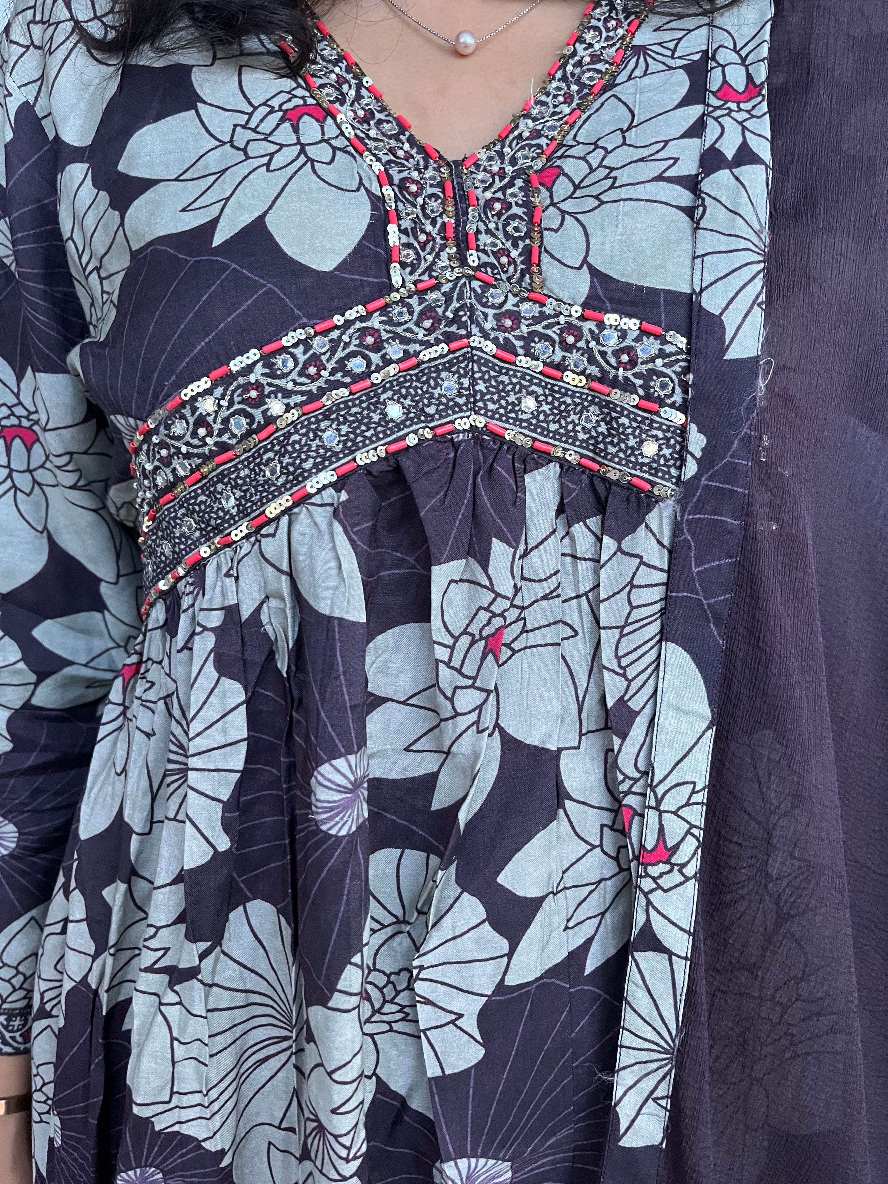 Buy MySilkLove Natural Grey and Purple Floral Alia Cut Pure Muslin Silk Suit Online